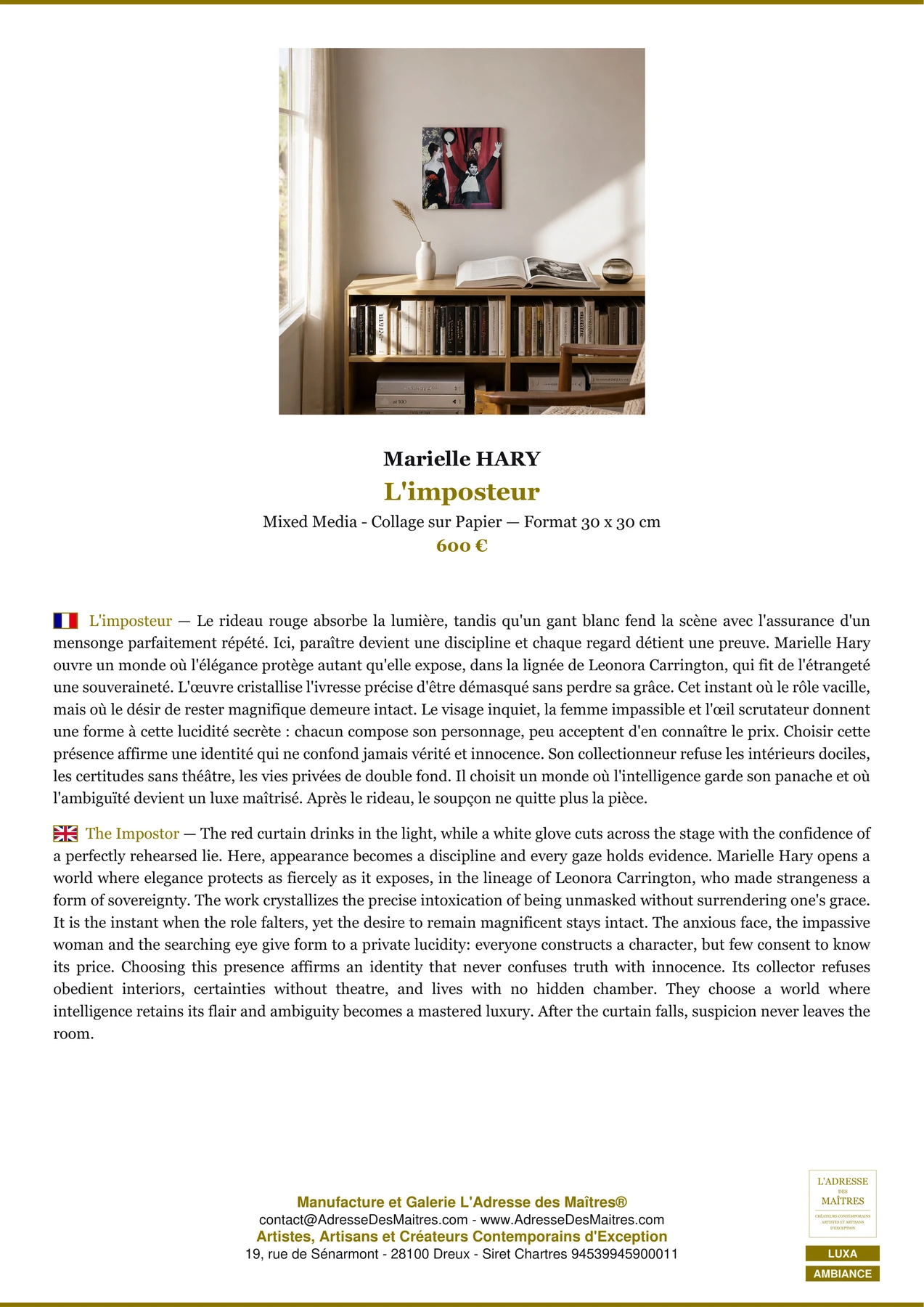 Fiche Premium Ambiance - L'imposteur - Marielle HARY - L'Adresse des Maîtres®