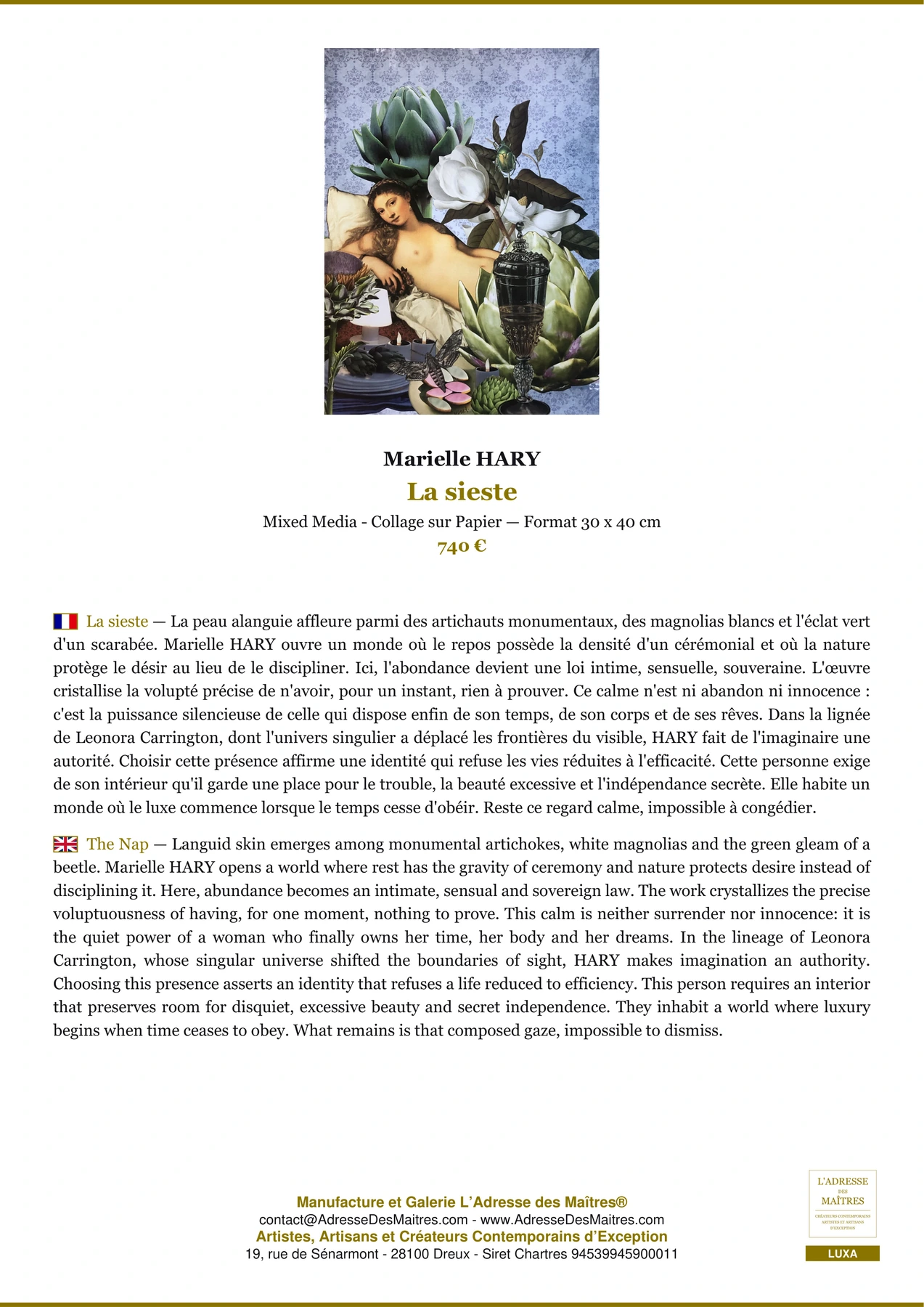 Fiche Premium Ambiance - La sieste - Marielle HARY - L'Adresse des Maîtres®