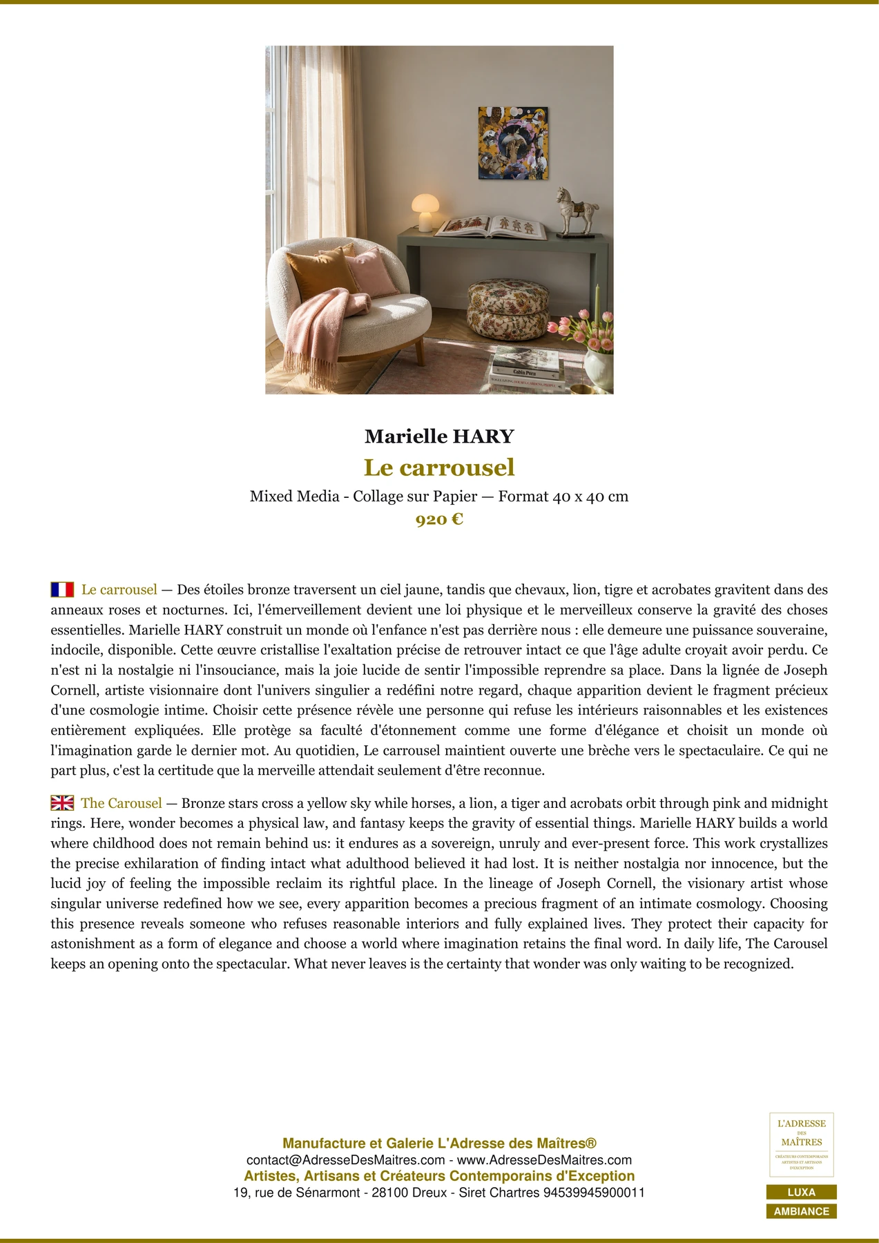 Fiche Premium Ambiance - Le carrousel - Marielle HARY - L'Adresse des Maîtres®