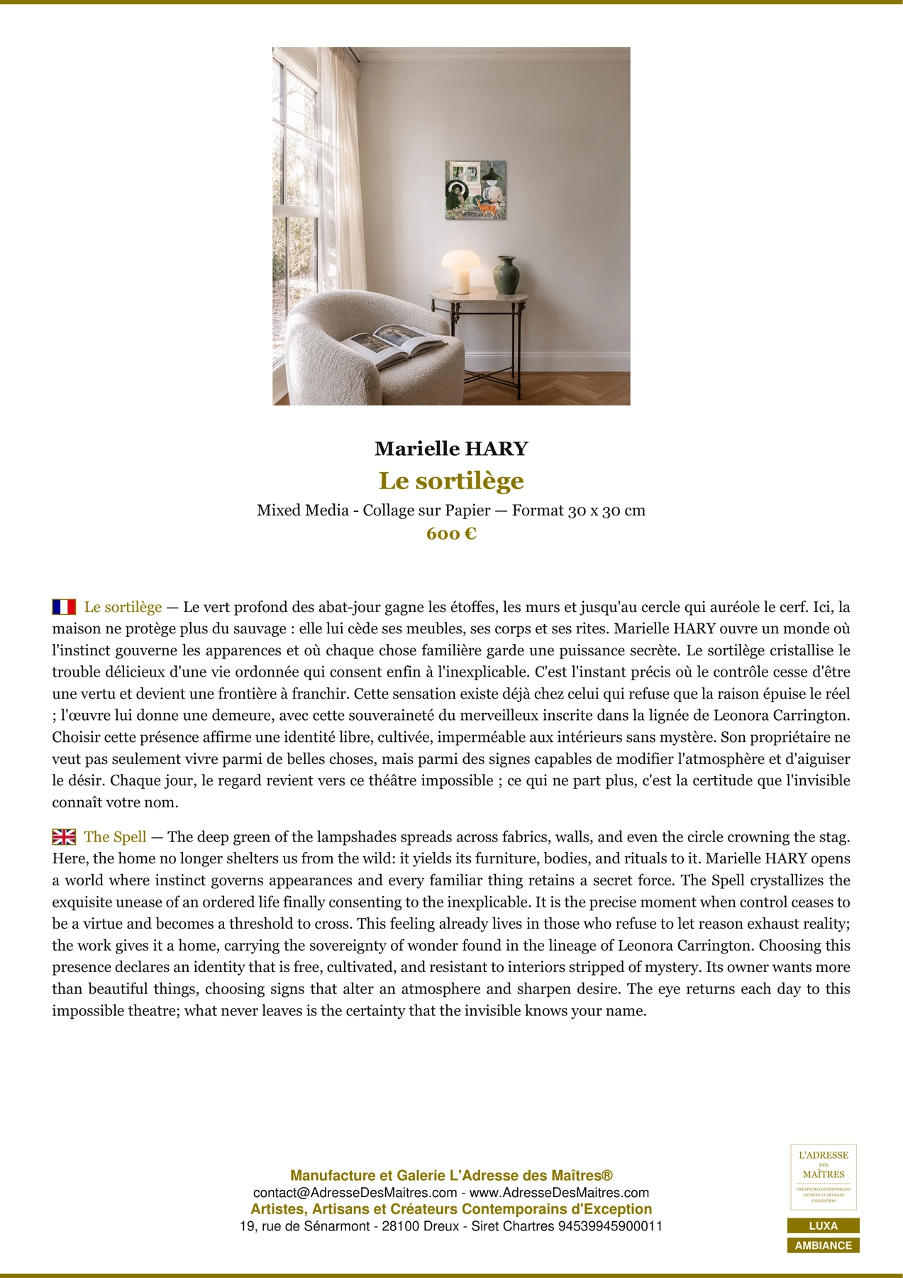 Fiche Premium Ambiance - Le sortilège - Marielle HARY - L'Adresse des Maîtres®