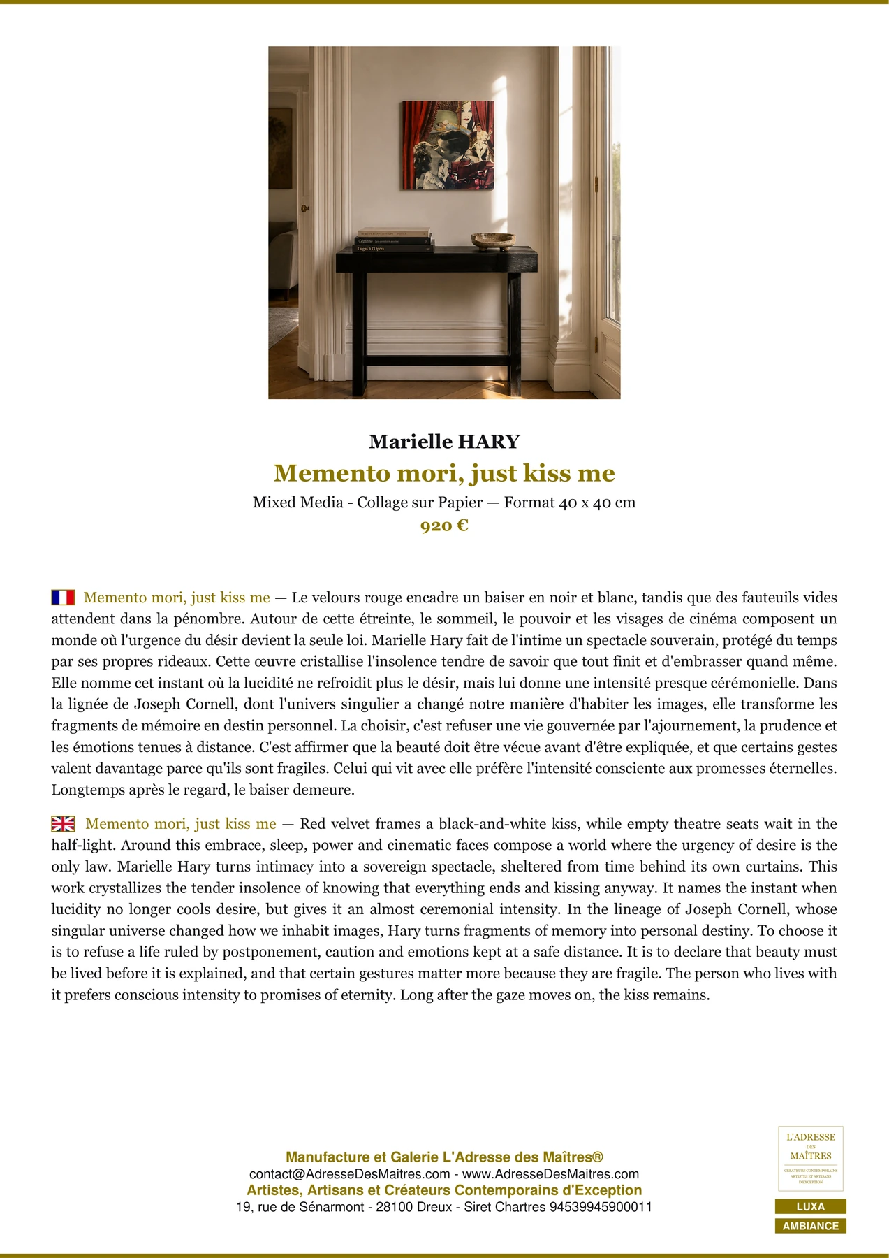 Fiche Premium Ambiance - Memento mori, just kiss me - Marielle HARY - L'Adresse des Maîtres®
