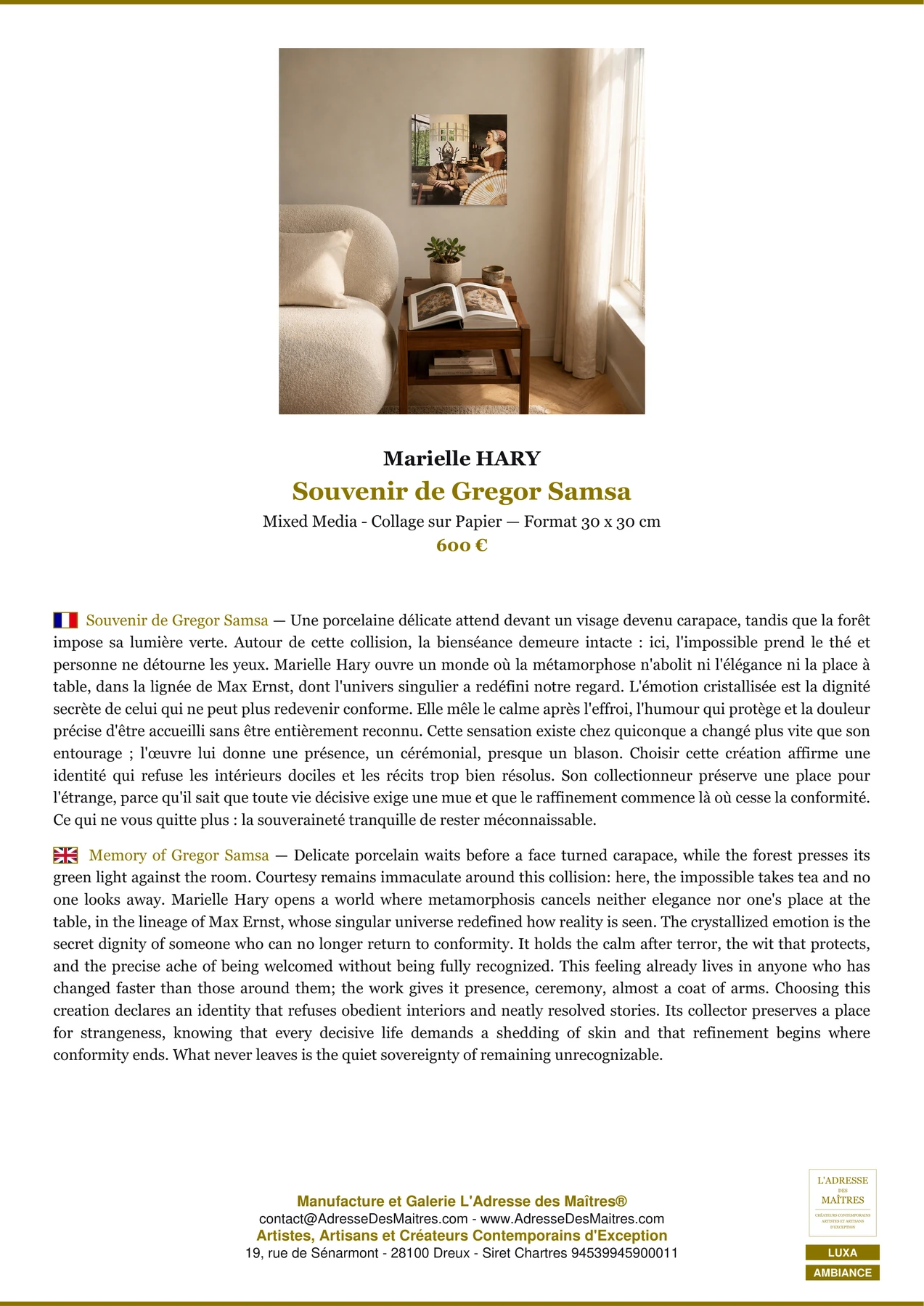 Fiche Premium Ambiance - Souvenir de Gregor Samsa - Marielle HARY - L'Adresse des Maîtres®