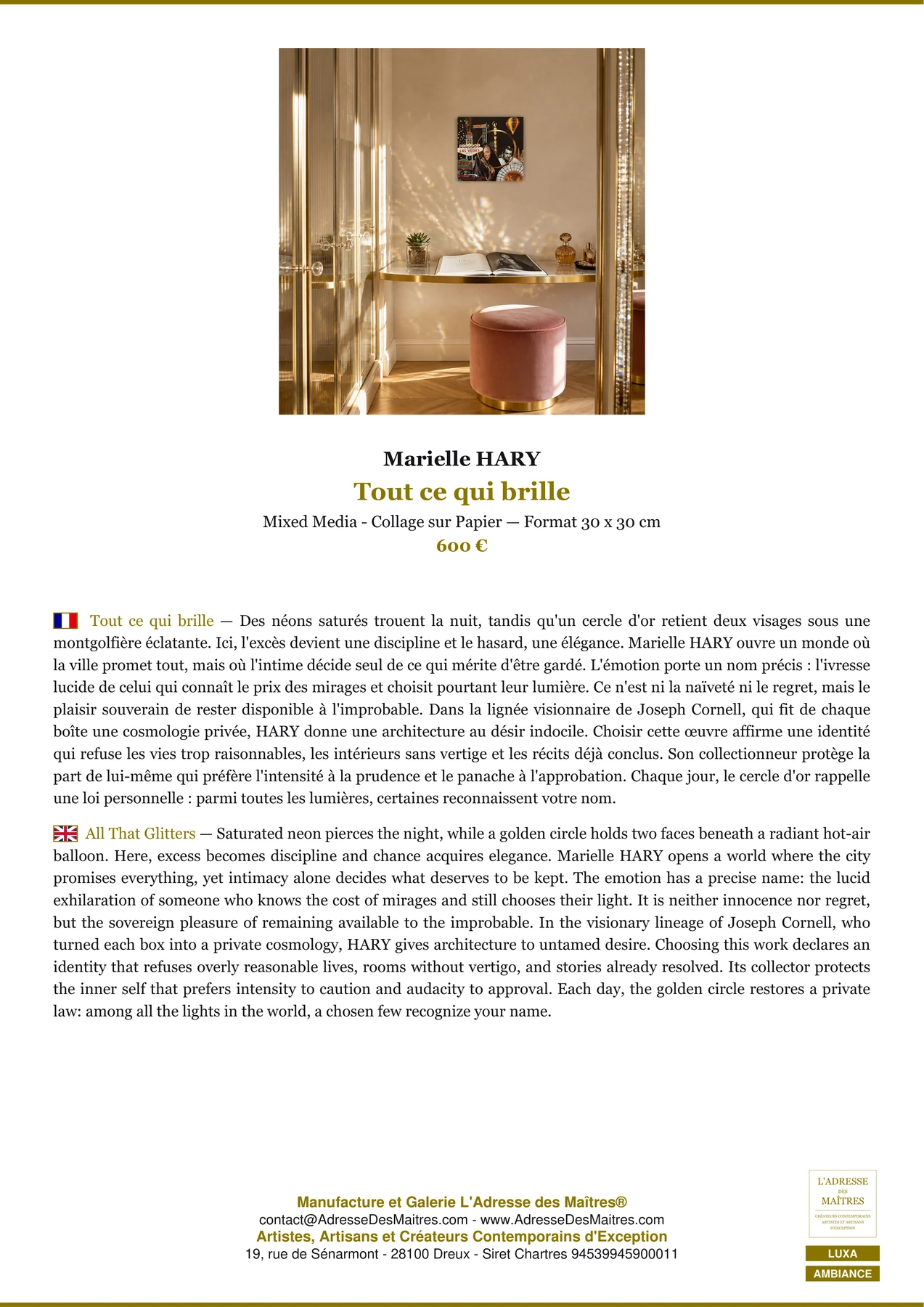 Fiche Premium Ambiance - Tout ce qui brille - Marielle HARY - L'Adresse des Maîtres®