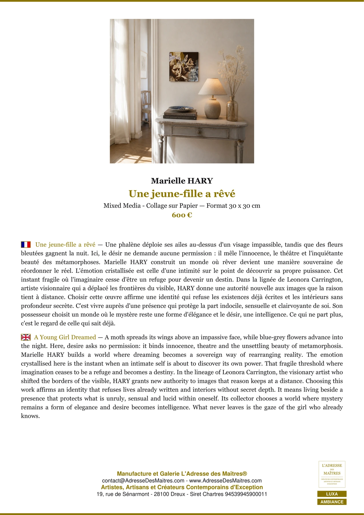 Fiche Premium Ambiance - Une jeune-fille a rêvé - Marielle HARY - L'Adresse des Maîtres®