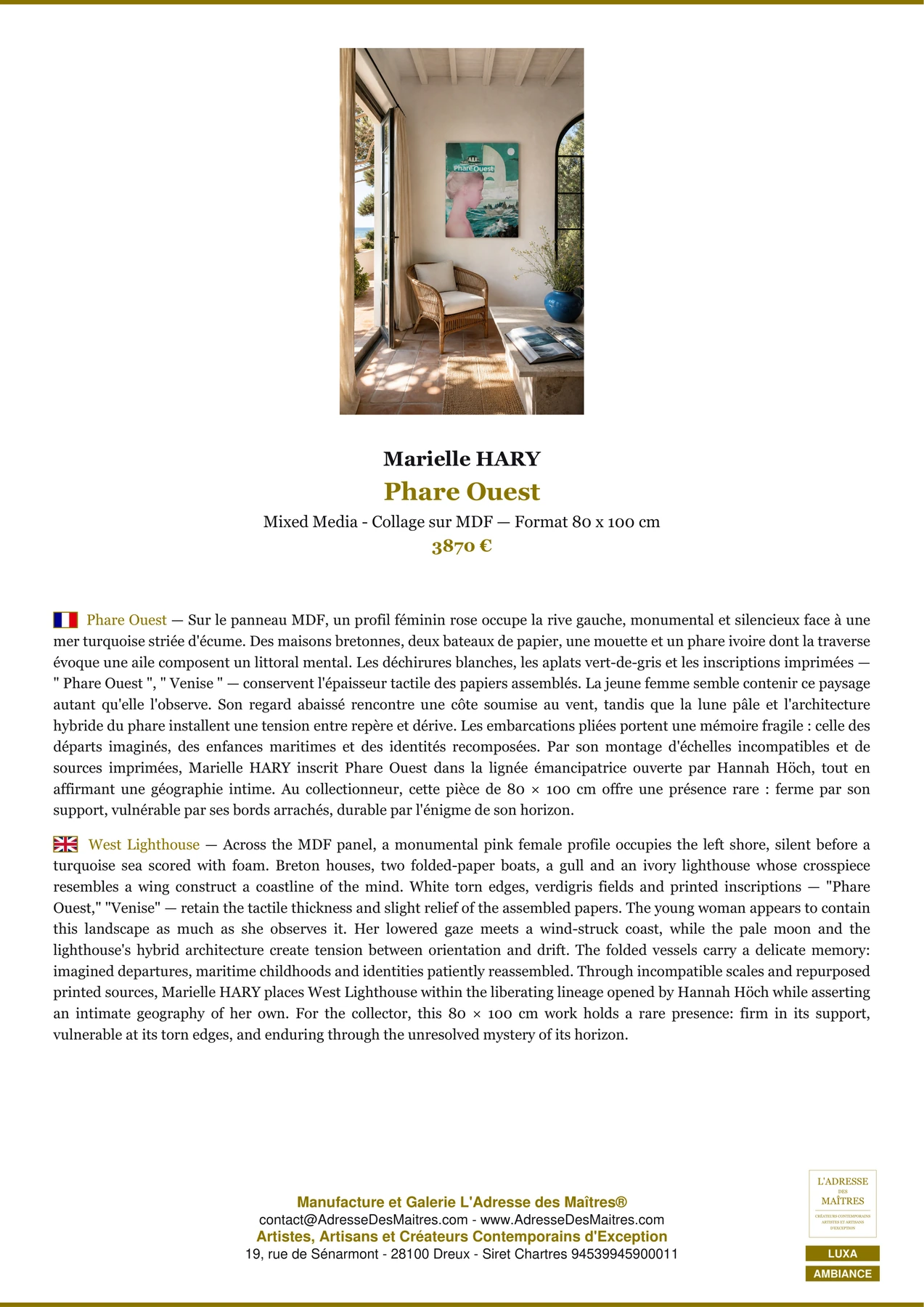 Fiche Premium Ambiance - Phare Ouest - Marielle HARY - L'Adresse des Maîtres®
