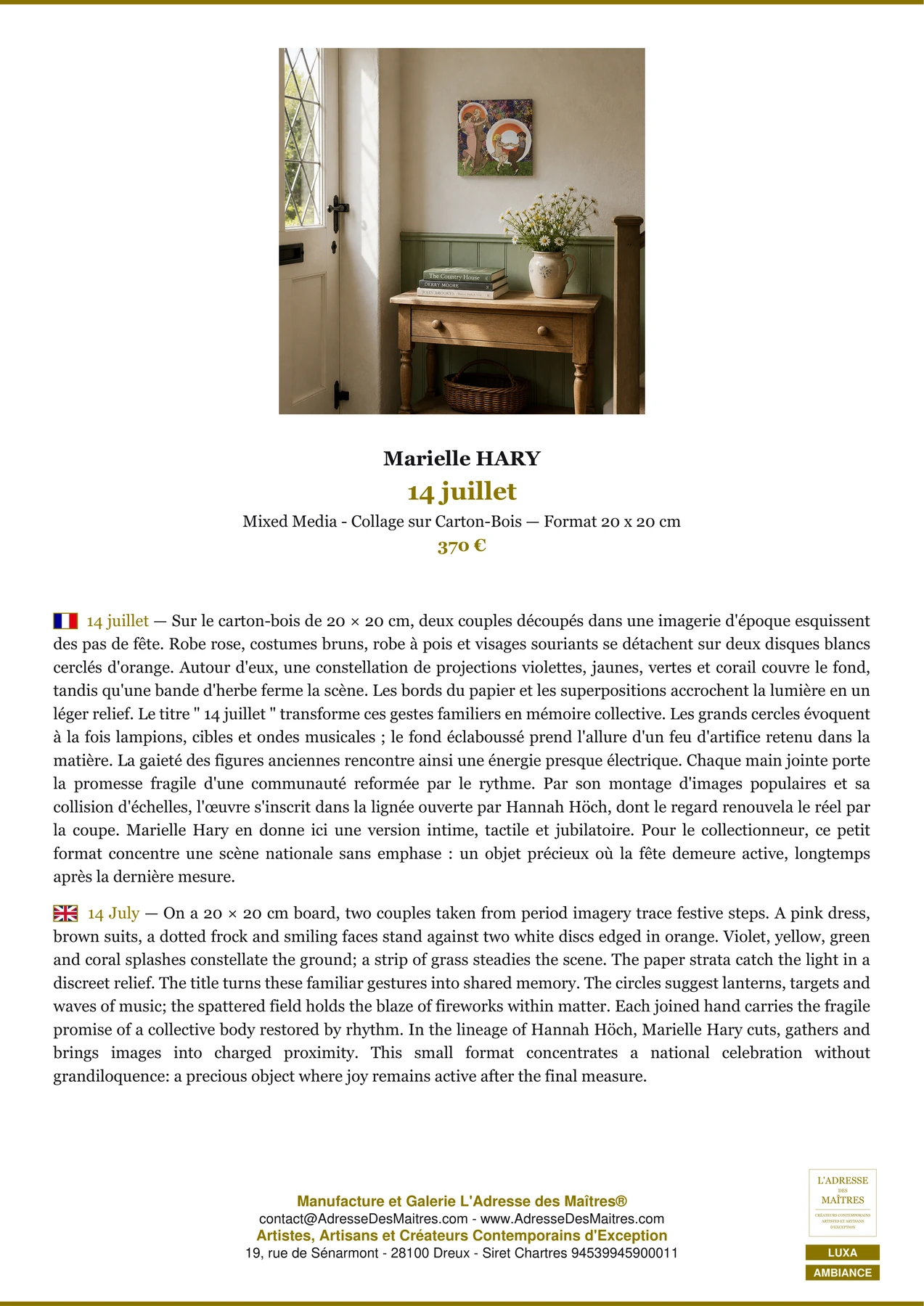 Fiche Premium Ambiance - 14 juillet - Marielle HARY - L'Adresse des Maîtres®
