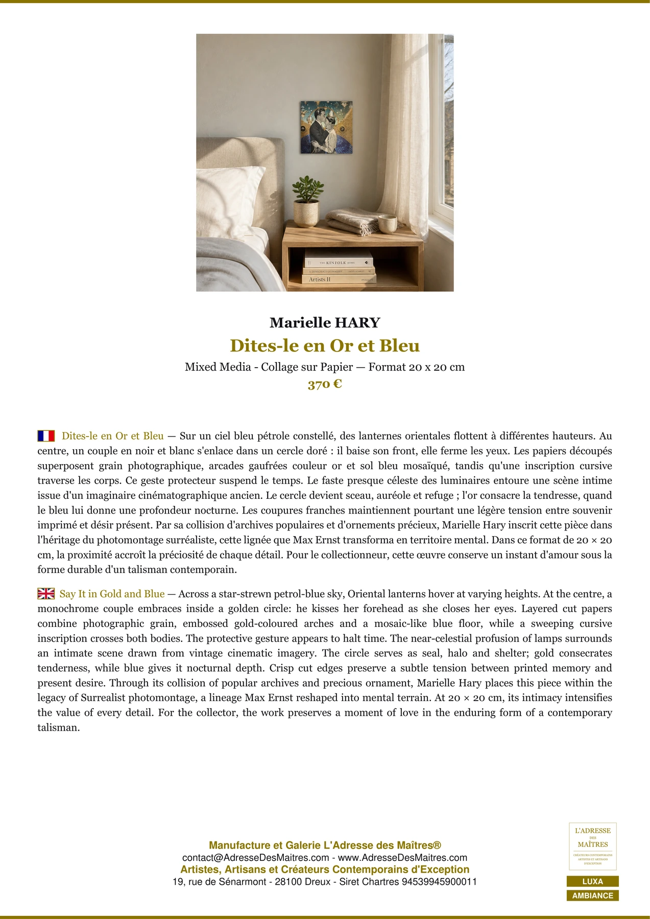 Fiche Premium Ambiance - Dites-le en Or et Bleu - Marielle HARY - L'Adresse des Maîtres®
