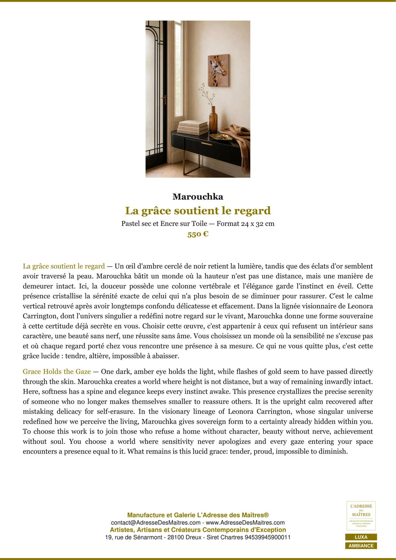 Fiche Premium Ambiance — La grâce soutient le regard — Marouchka — L'Adresse des Maîtres®
