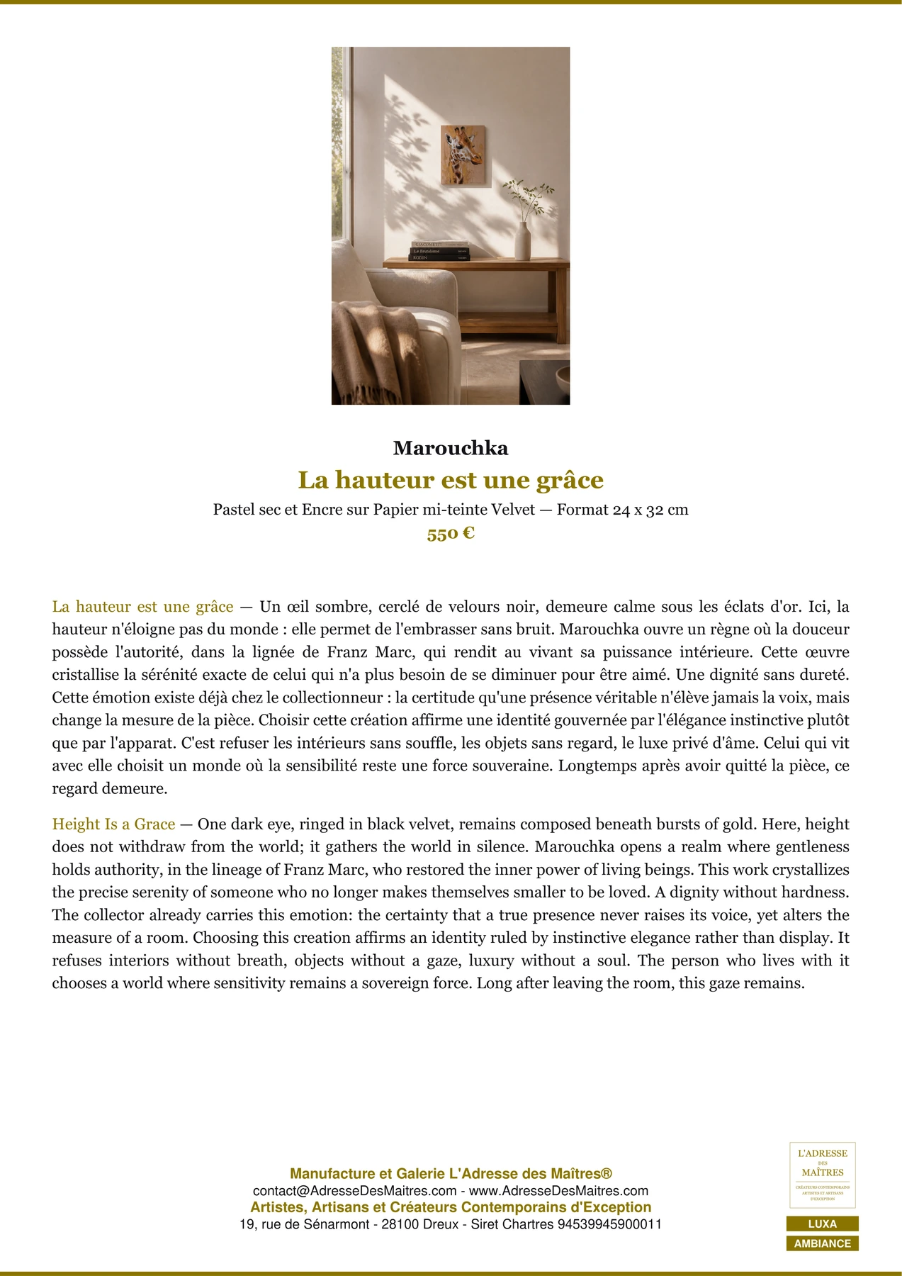 Fiche Premium Ambiance — La hauteur est une grâce — Marouchka — L'Adresse des Maîtres®