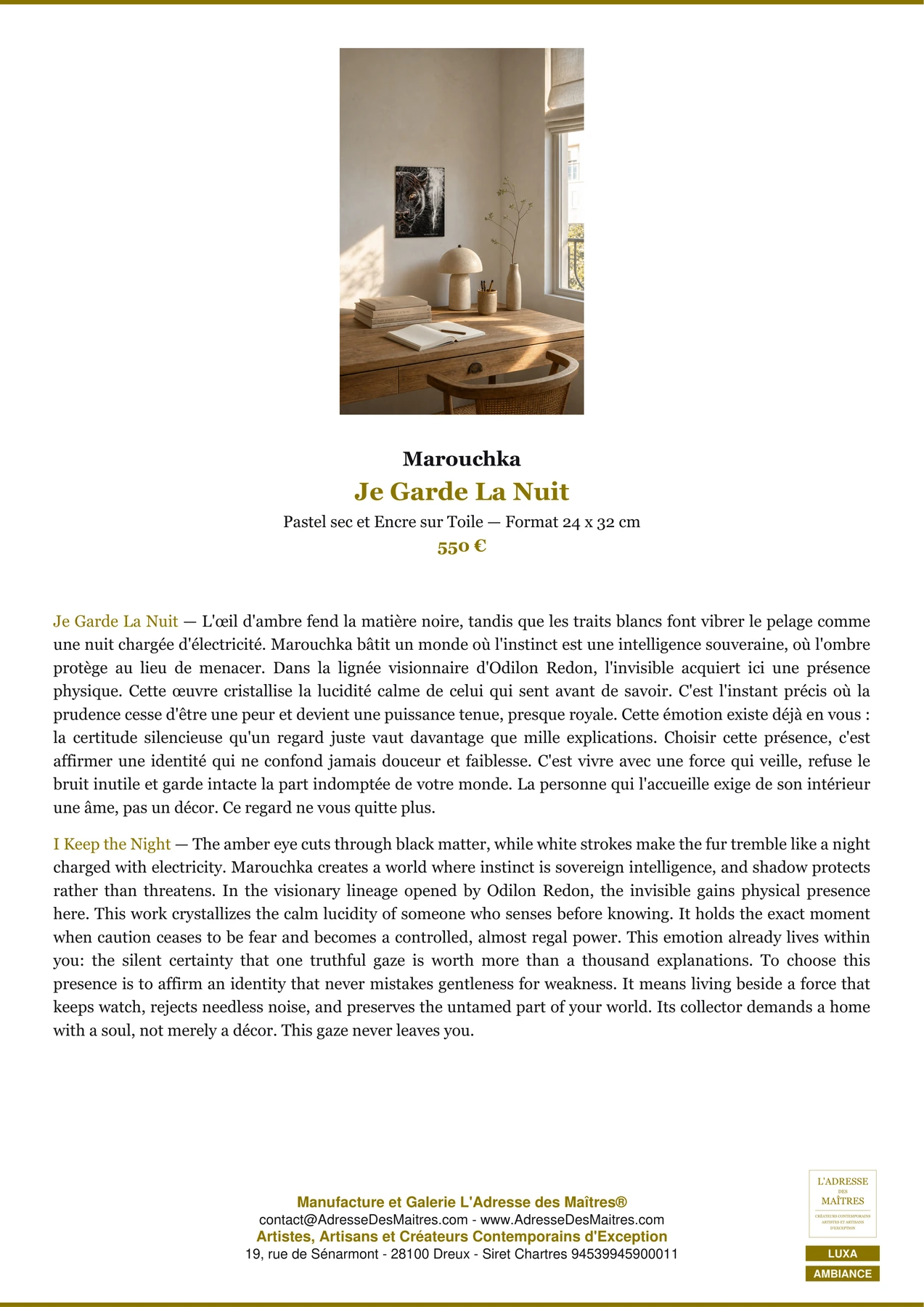 Fiche Premium Ambiance — Je Garde La Nuit — Marouchka — L'Adresse des Maîtres®