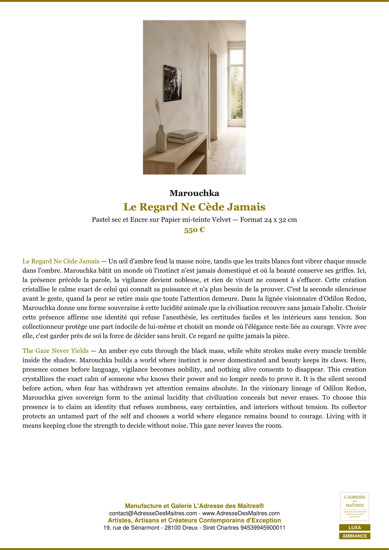 Fiche Premium Ambiance — Le Regard Ne Cède Jamais — Marouchka — L'Adresse des Maîtres®