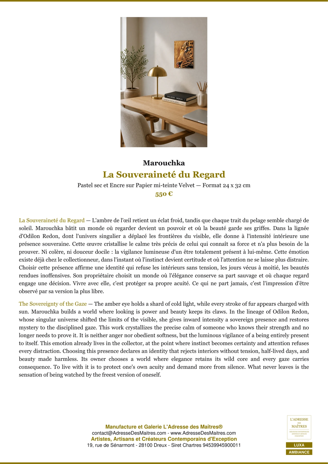 Fiche Premium Ambiance — La Souveraineté du Regard — Marouchka — L'Adresse des Maîtres®
