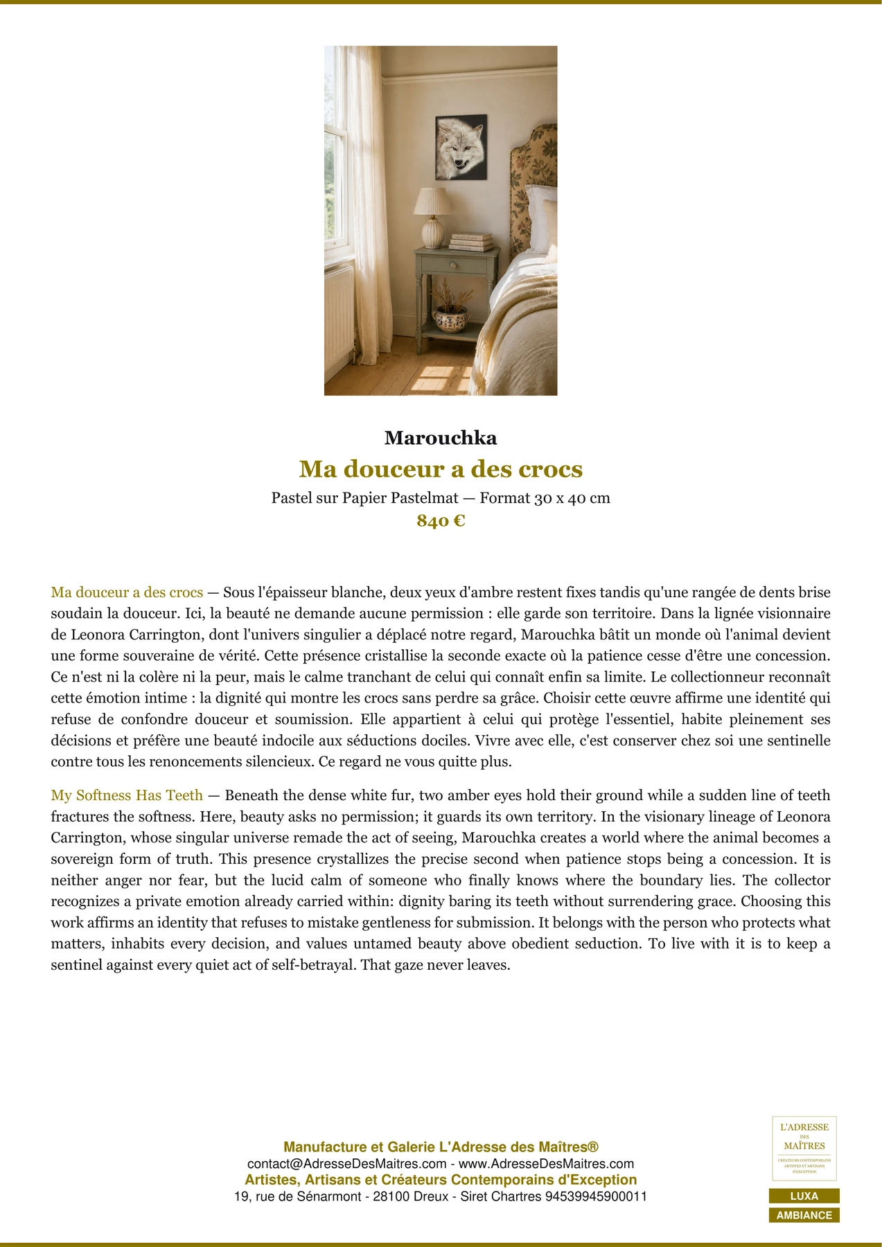 Fiche Premium Ambiance — Ma douceur a des crocs — Marouchka — L'Adresse des Maîtres®