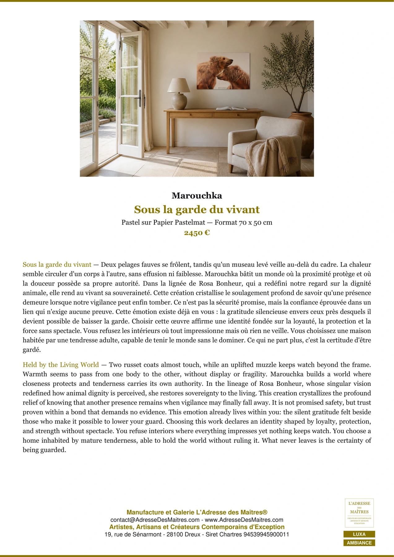 Fiche Premium Ambiance — Sous la garde du vivant — Marouchka — L'Adresse des Maîtres®