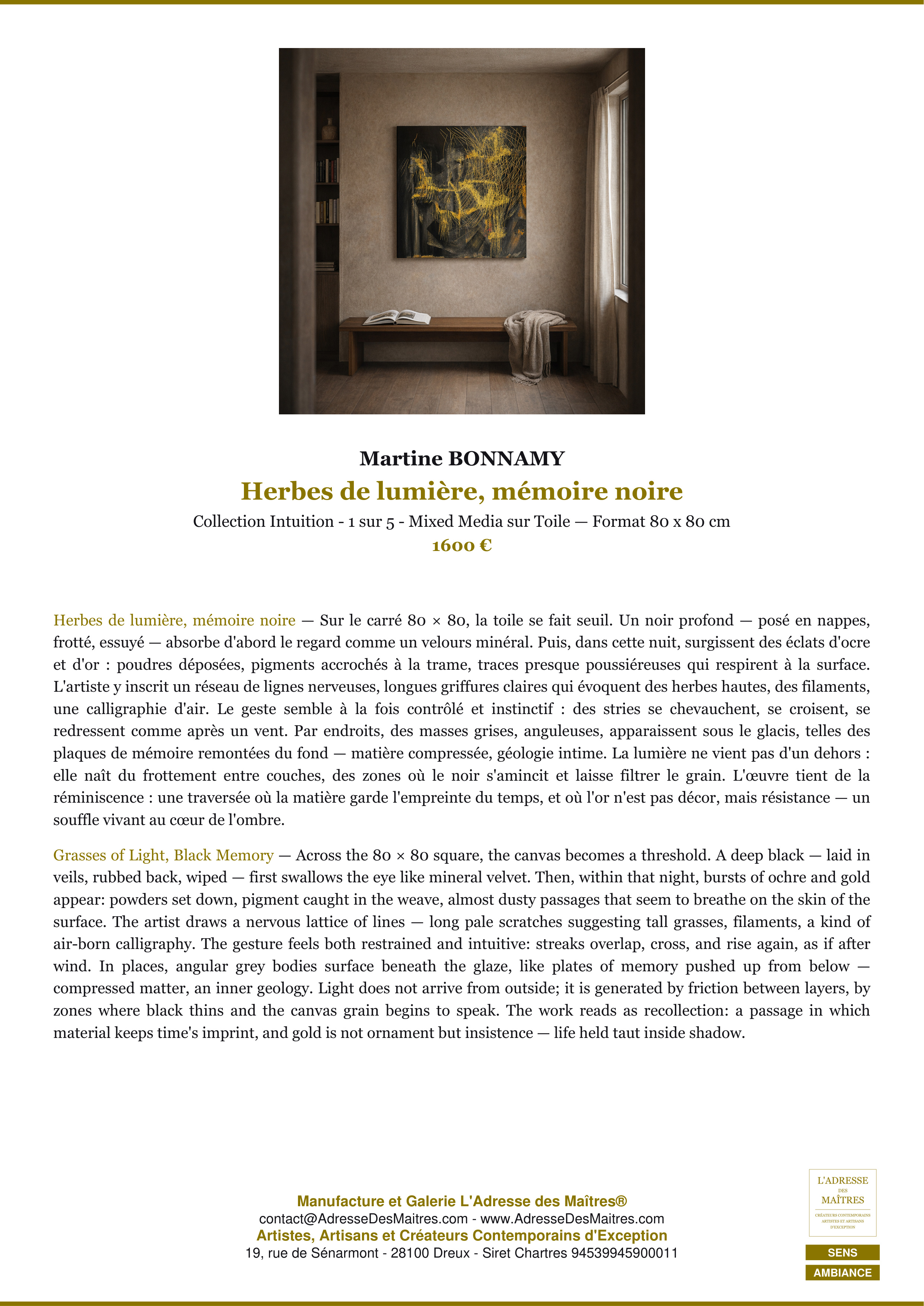 Ficha Premium «Ambiance» — Hierbas de luz, memoria negra — Martine BONNAMY — L'Adresse des Maîtres®