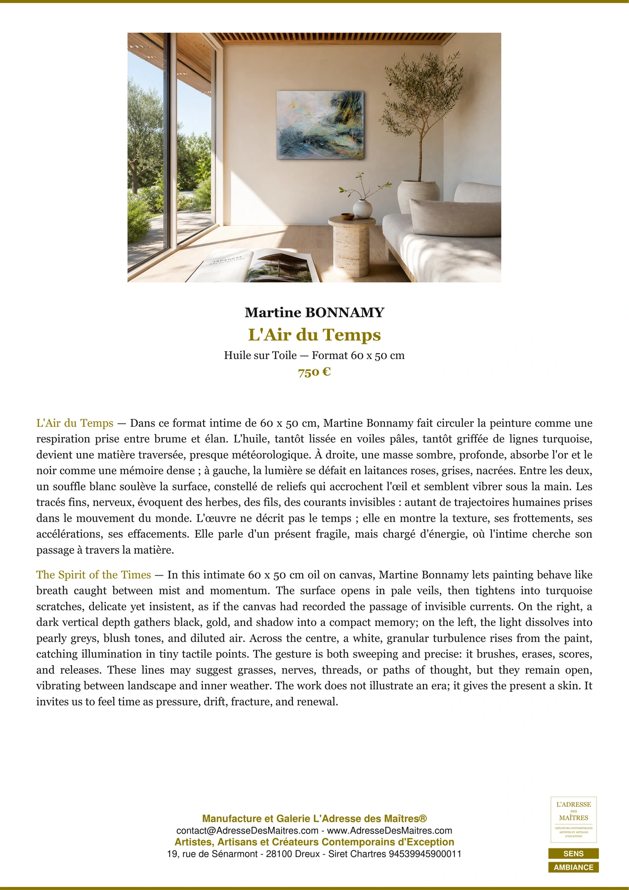 Fiche Premium Ambiance - L'Air du Temps - Martine BONNAMY - L'Adresse des Maîtres®