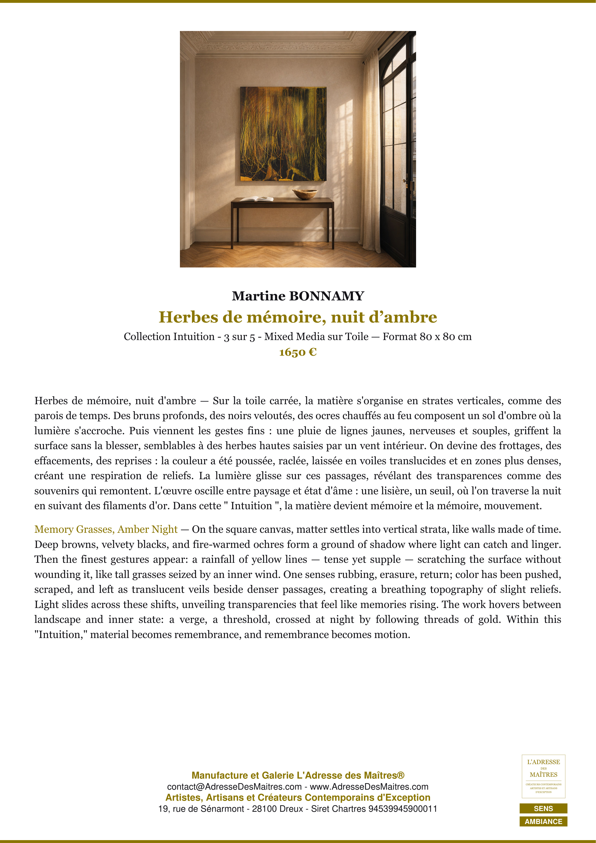 Fiche Premium Ambiance — Herbes de mémoire, nuit d’ambre — Martine BONNAMY — L'Adresse des Maîtres®