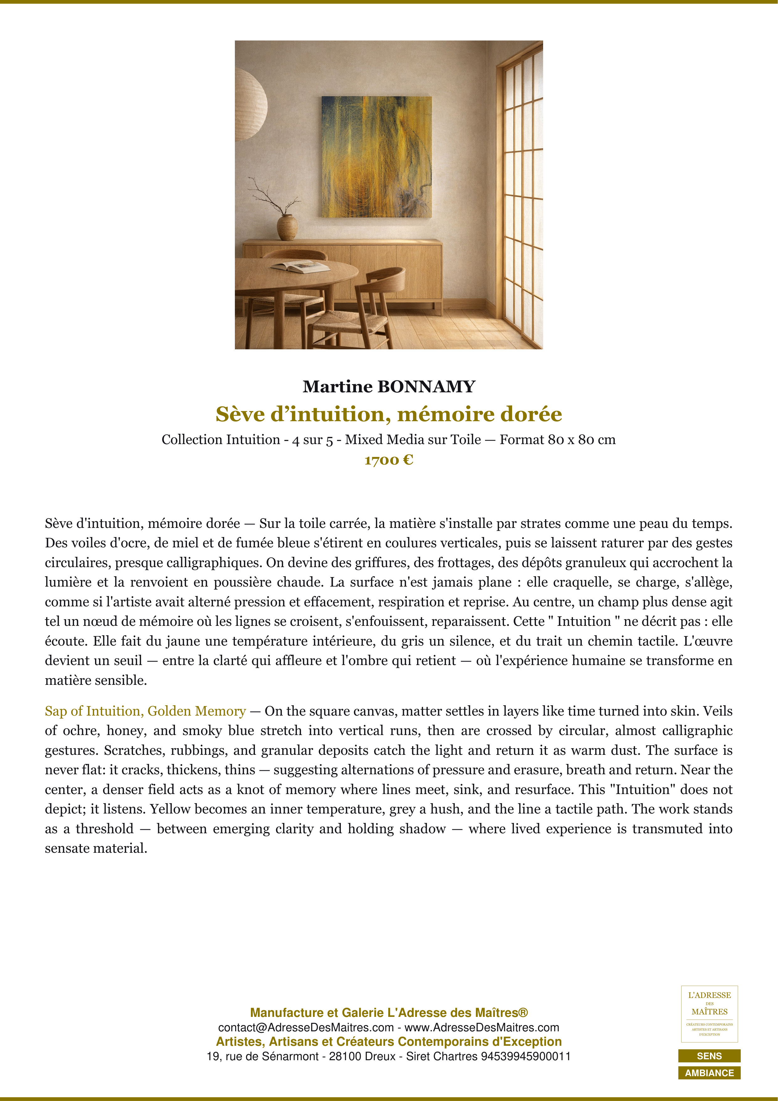 Fiche Premium Ambiance — Sève d’intuition, mémoire dorée — Martine BONNAMY — L'Adresse des Maîtres®