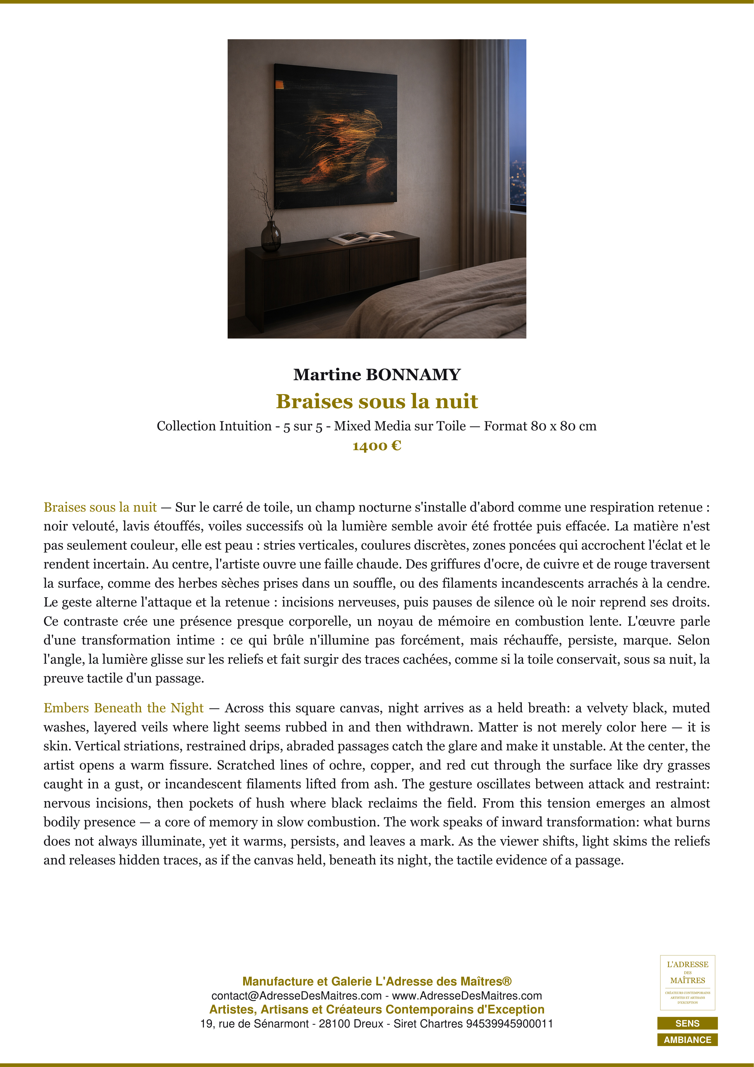 Fiche Premium Ambiance — Braises sous la nuit — Martine BONNAMY — L'Adresse des Maîtres®
