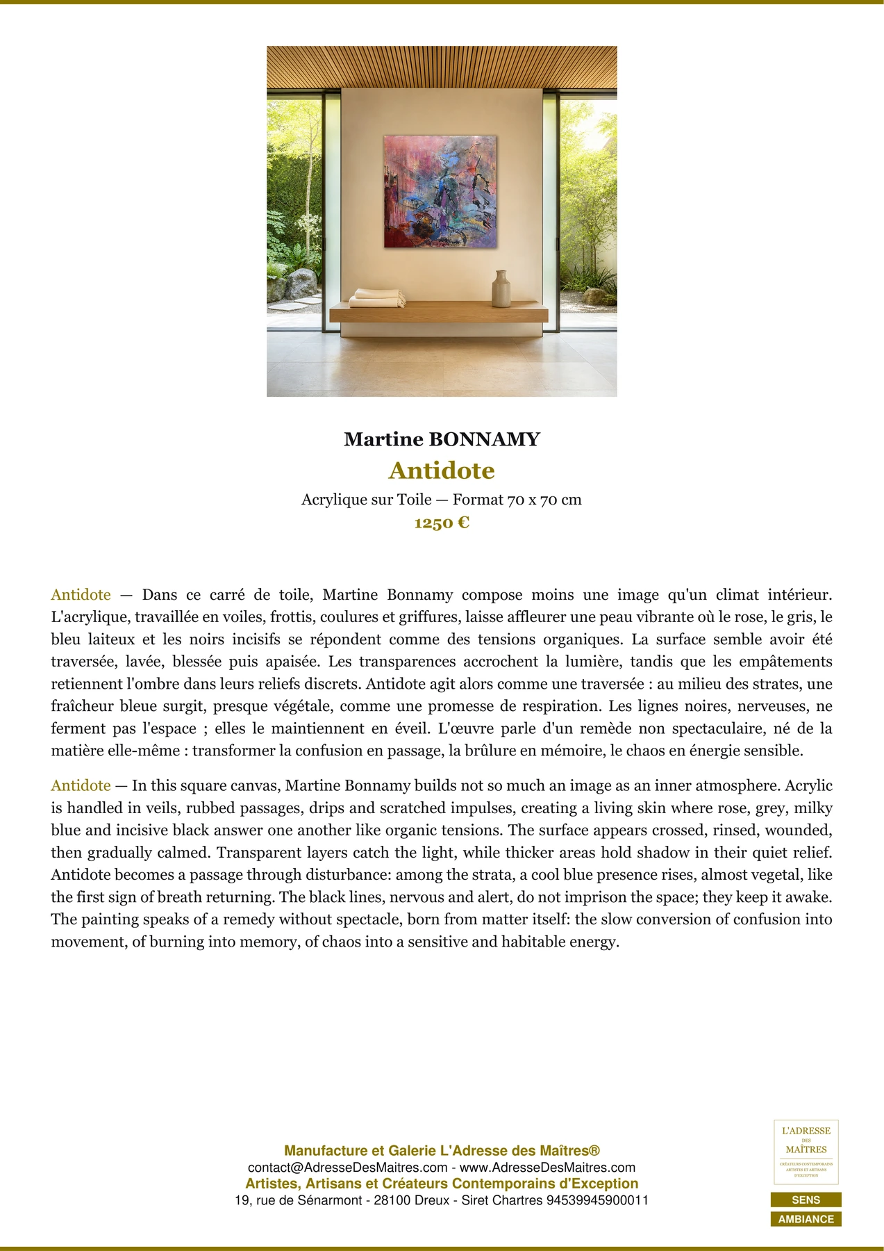 Fiche Premium Ambiance - Antidote - Martine BONNAMY - L'Adresse des Maîtres®