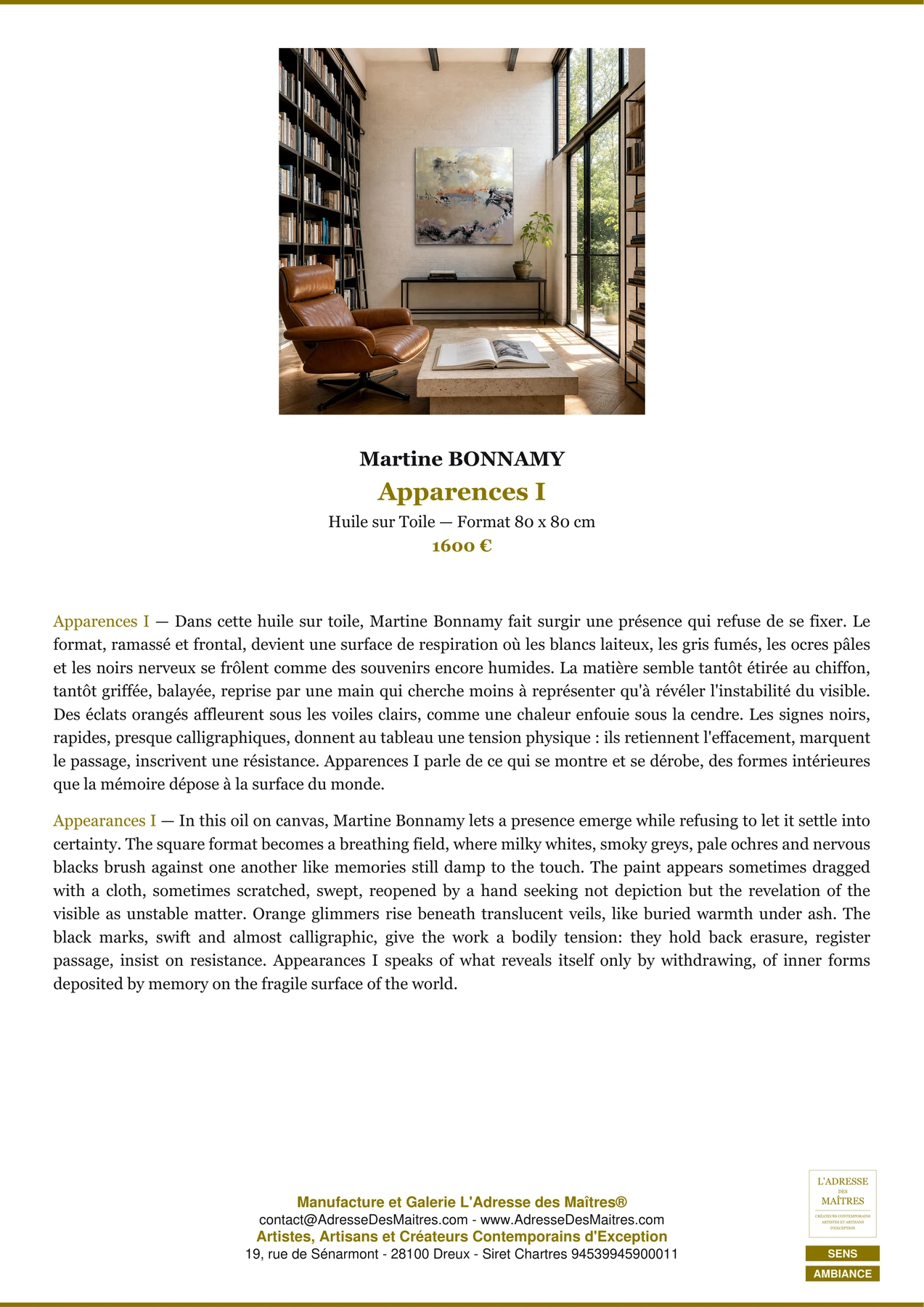 Fiche Premium Ambiance - Apparences I - Martine BONNAMY - L'Adresse des Maîtres®