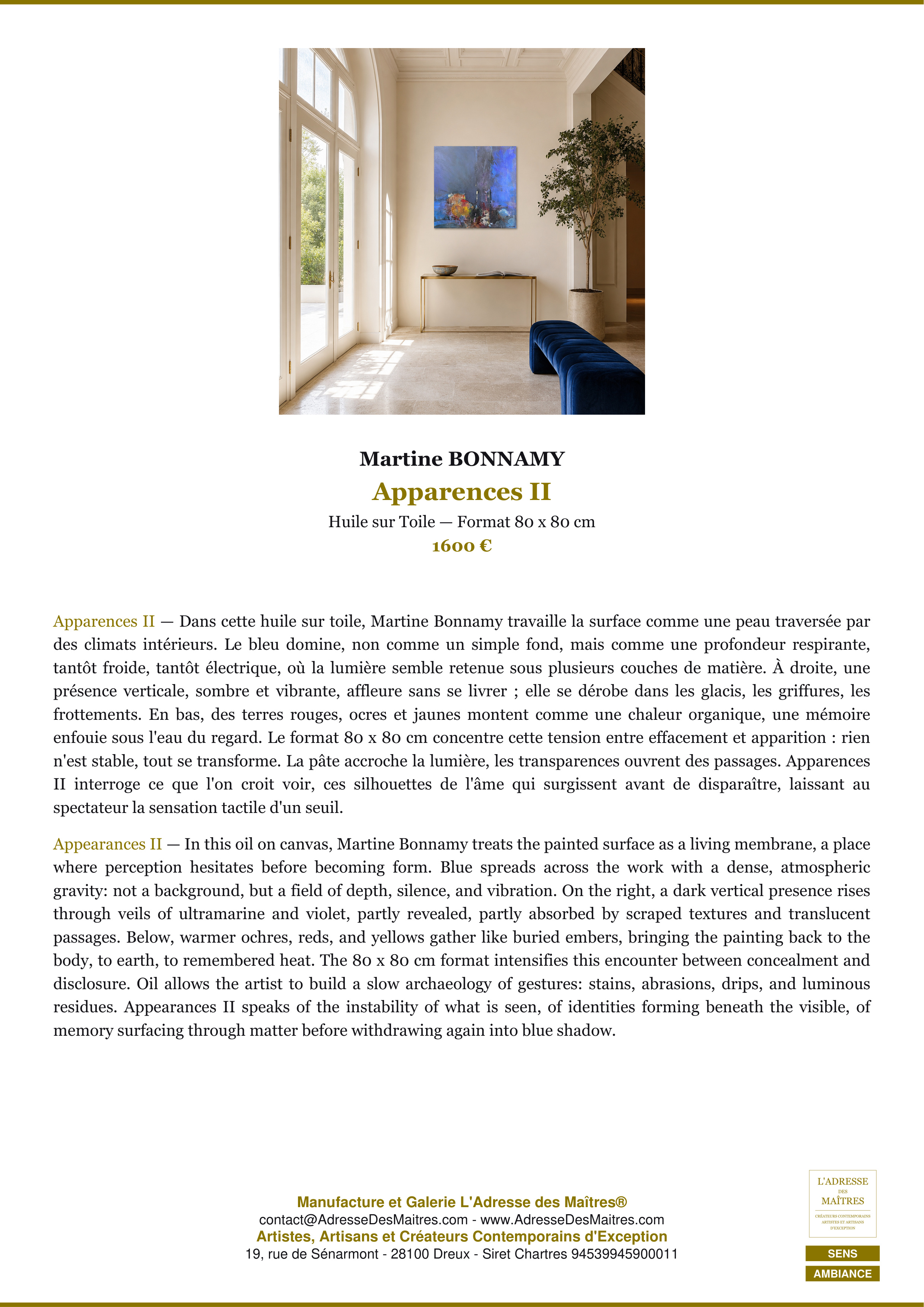 Fiche Premium Ambiance — Apparences II — Martine BONNAMY — L'Adresse des Maîtres®