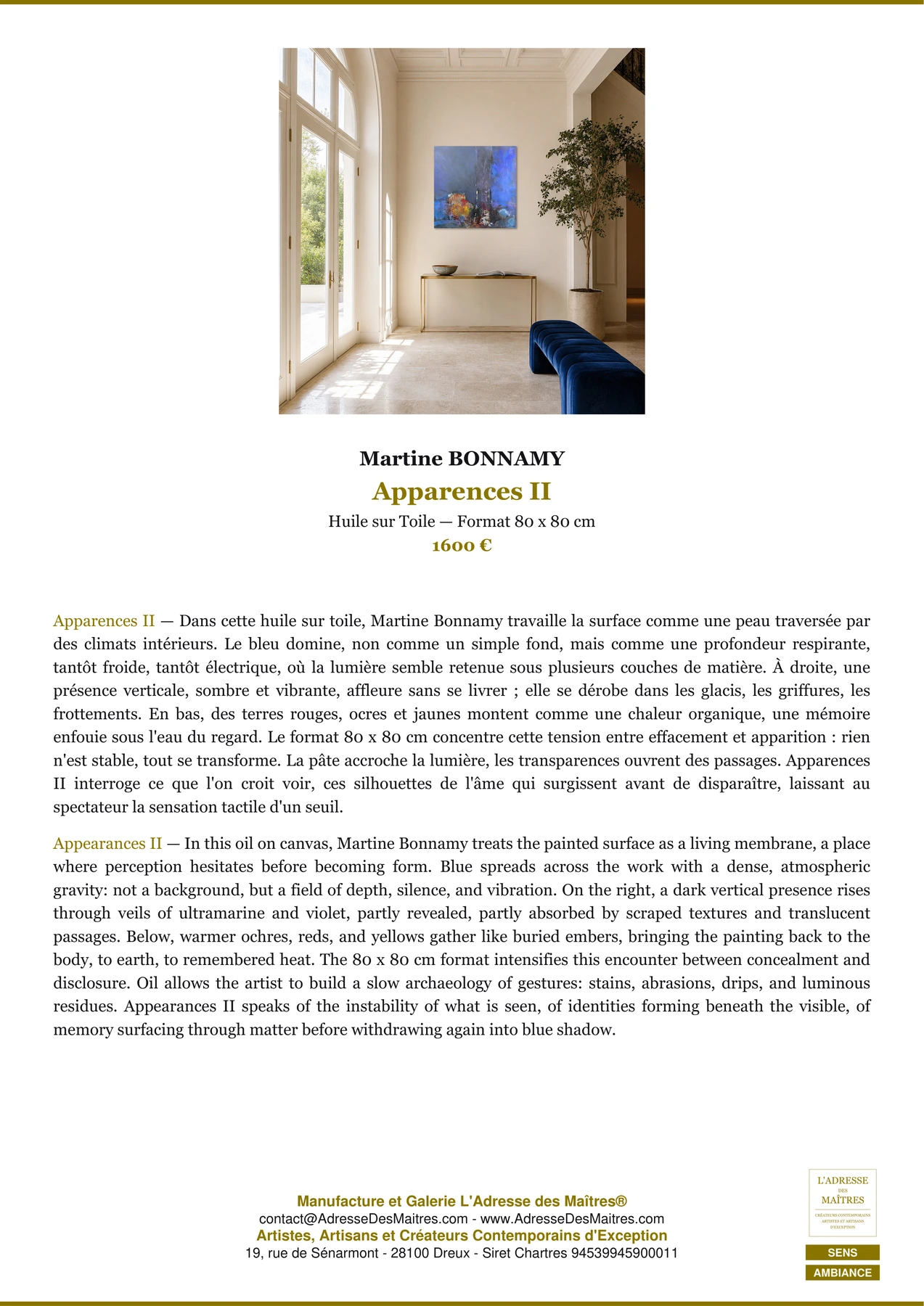 Fiche Premium Ambiance - Apparences II - Martine BONNAMY - L'Adresse des Maîtres®