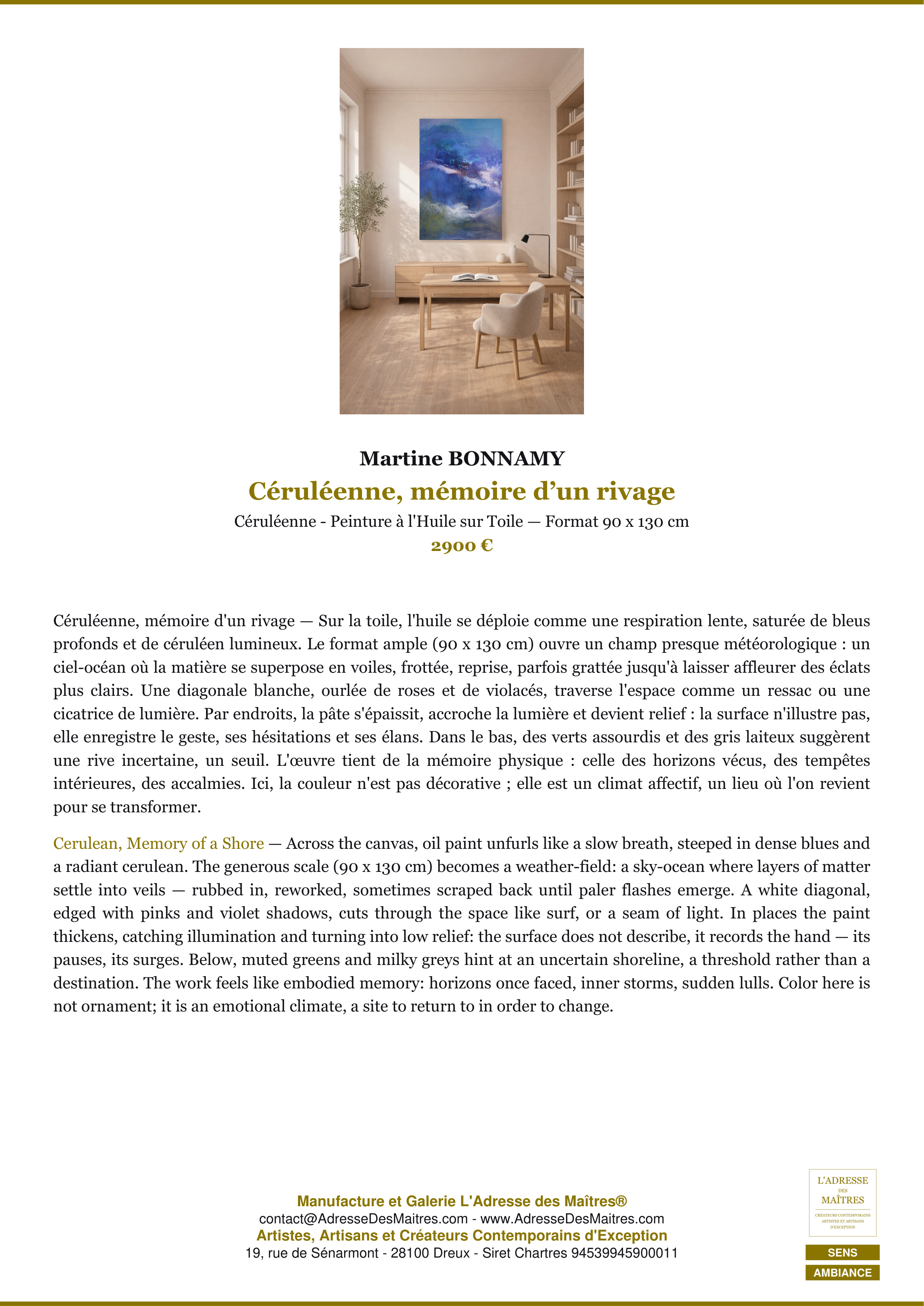 Ficha Premium Ambiance — Cerúlea, recuerdo de una orilla — Martine BONNAMY — L'Adresse des Maîtres®