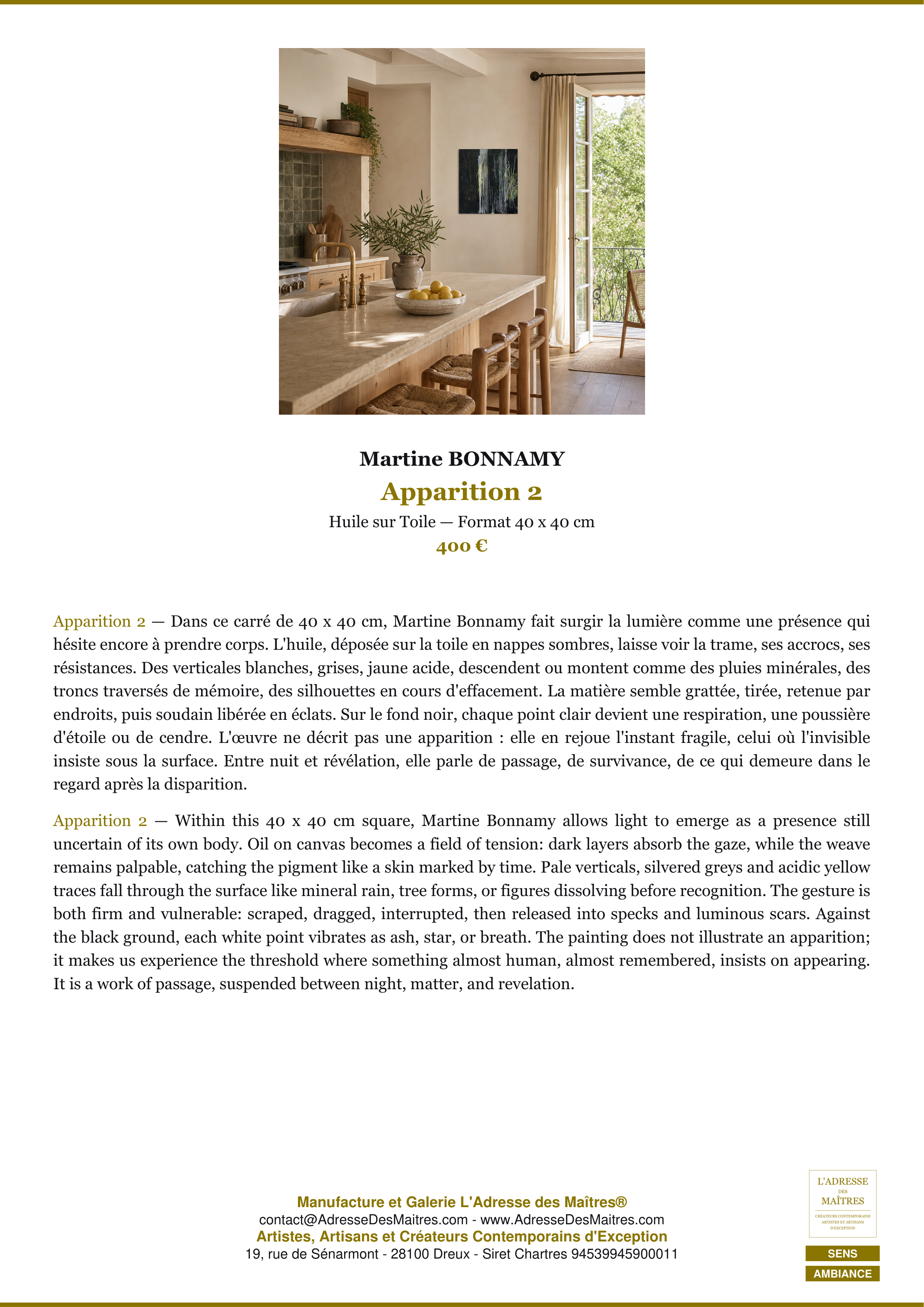 Fiche Premium Ambiance — Apparition 2 — Martine BONNAMY — L'Adresse des Maîtres®