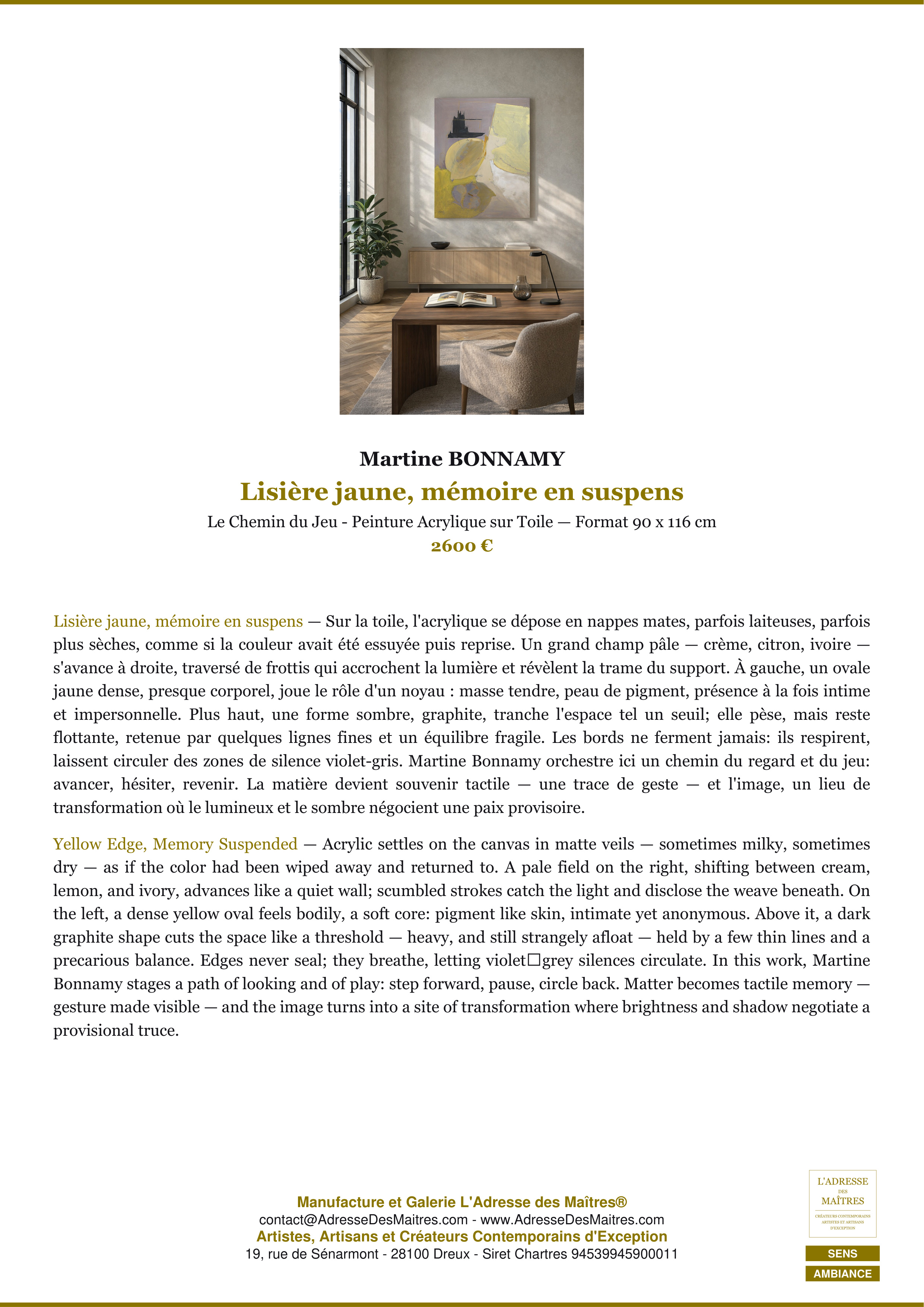 Fiche Premium Ambiance — Lisière jaune, mémoire en suspens — Martine BONNAMY — L'Adresse des Maîtres®