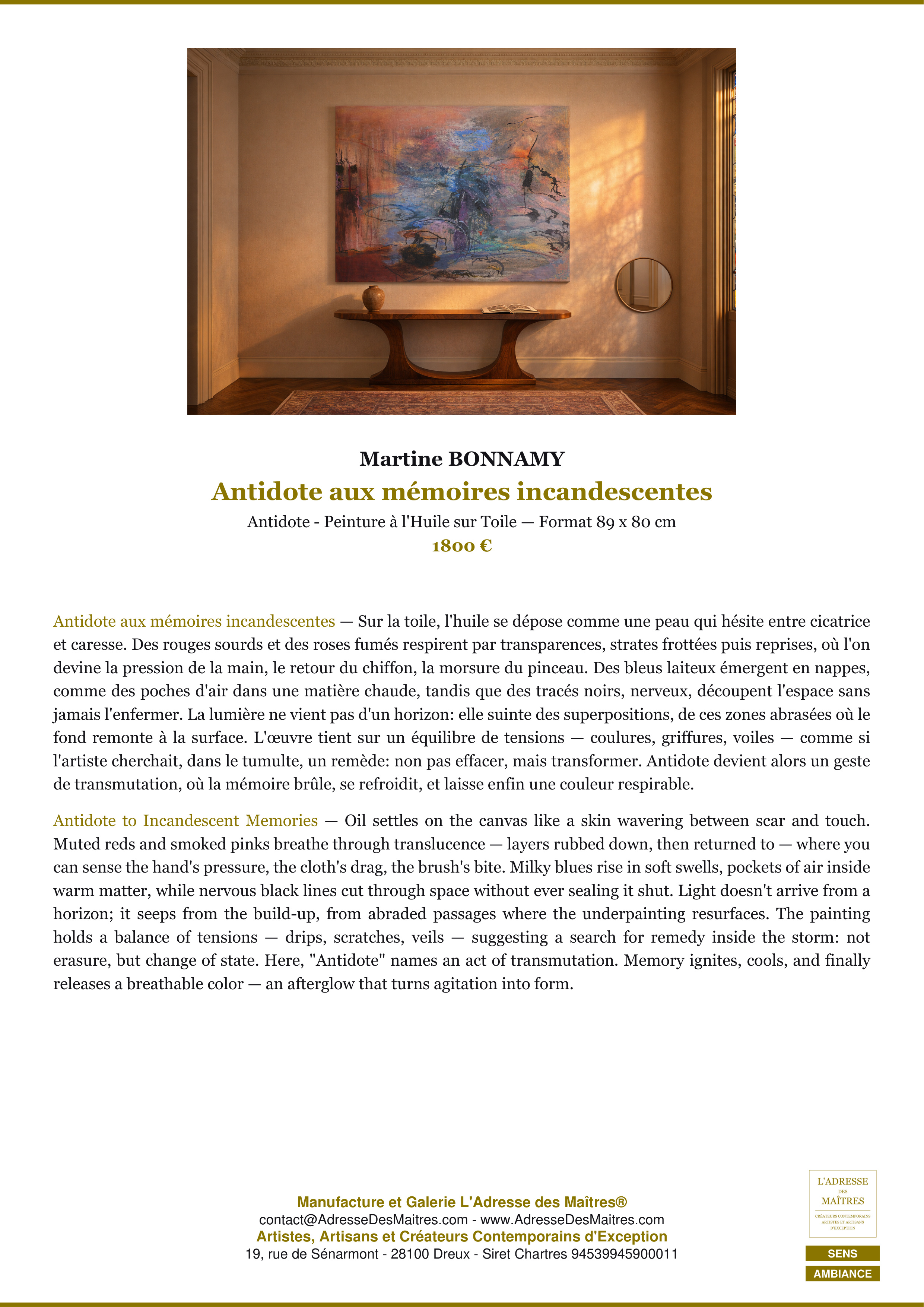 Fiche Premium Ambiance — Antidote aux mémoires incandescentes — Martine BONNAMY — L'Adresse des Maîtres®