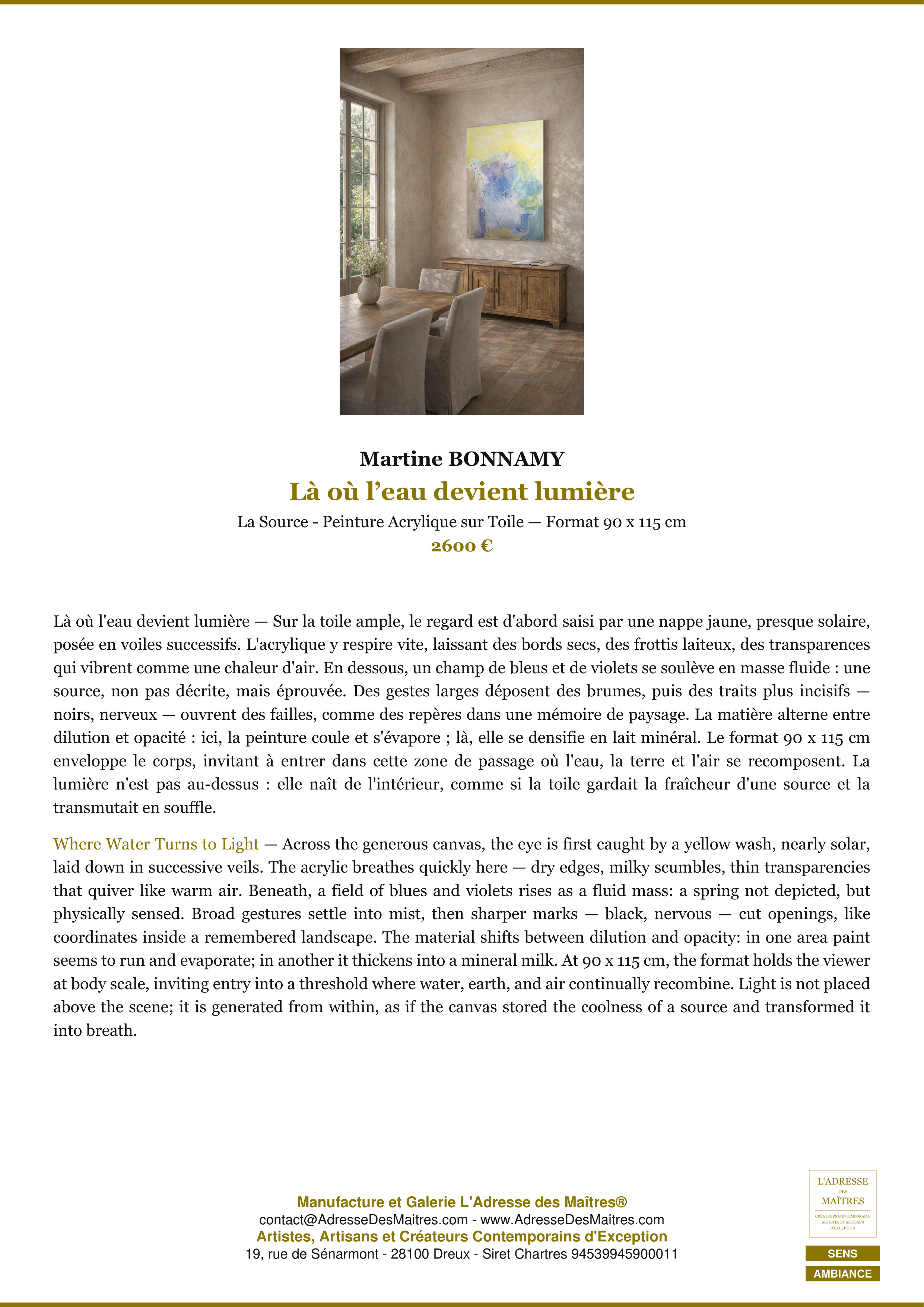 Fiche Premium Ambiance — Là où l’eau devient lumière — Martine BONNAMY — L'Adresse des Maîtres®