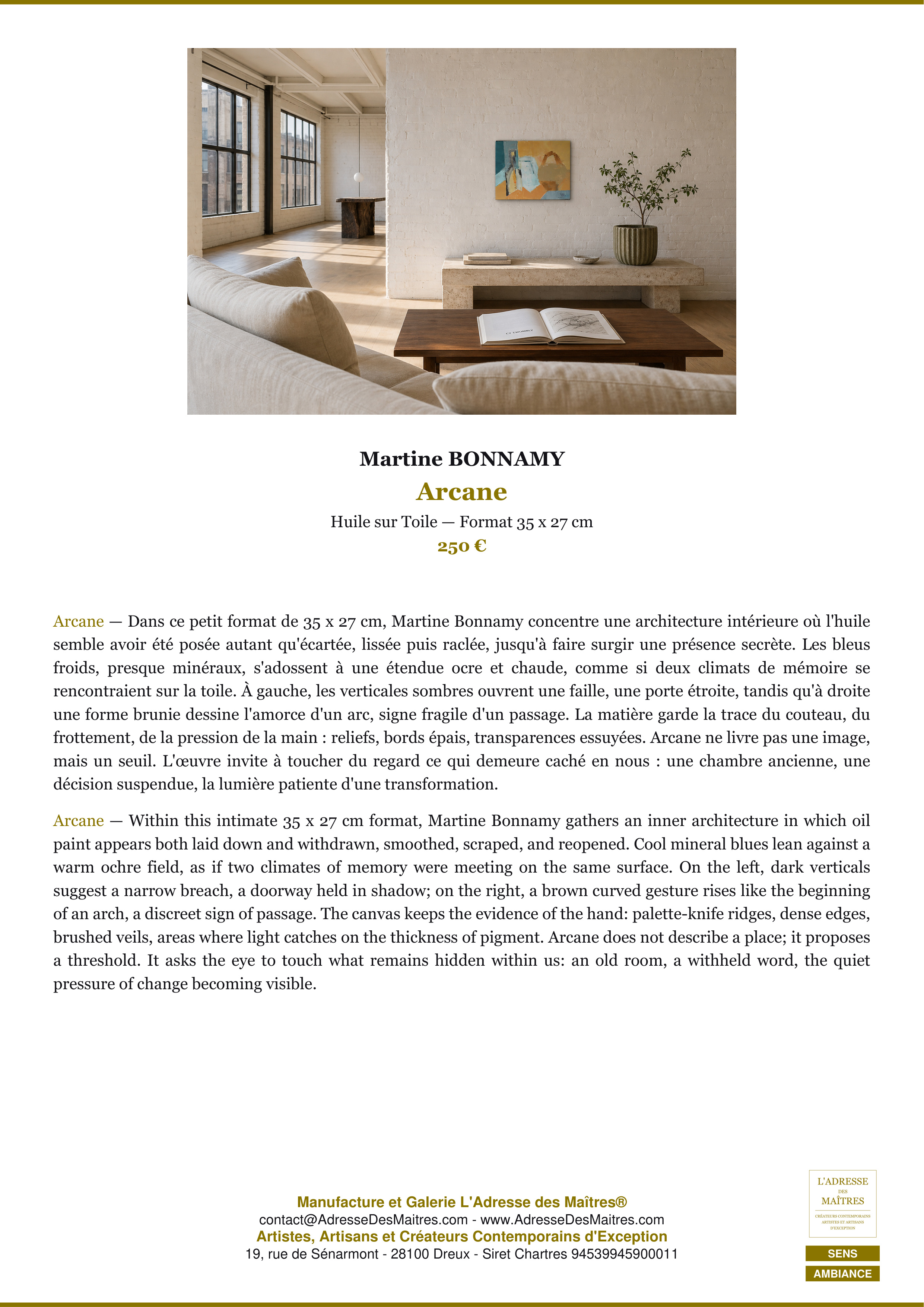 Fiche Premium Ambiance — Arcane — Martine BONNAMY — L'Adresse des Maîtres®
