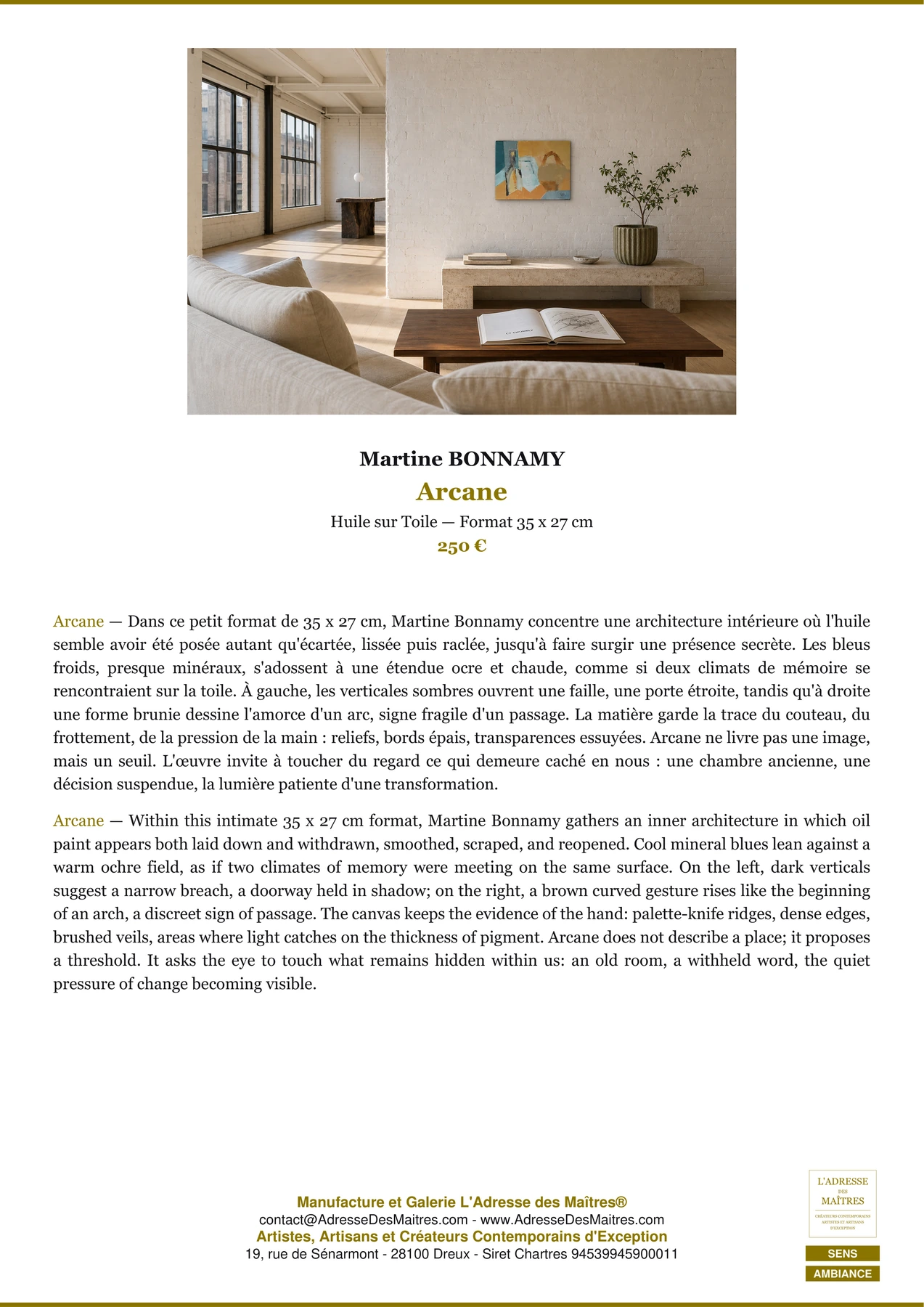 Fiche Premium Ambiance - Arcane - Martine BONNAMY - L'Adresse des Maîtres®