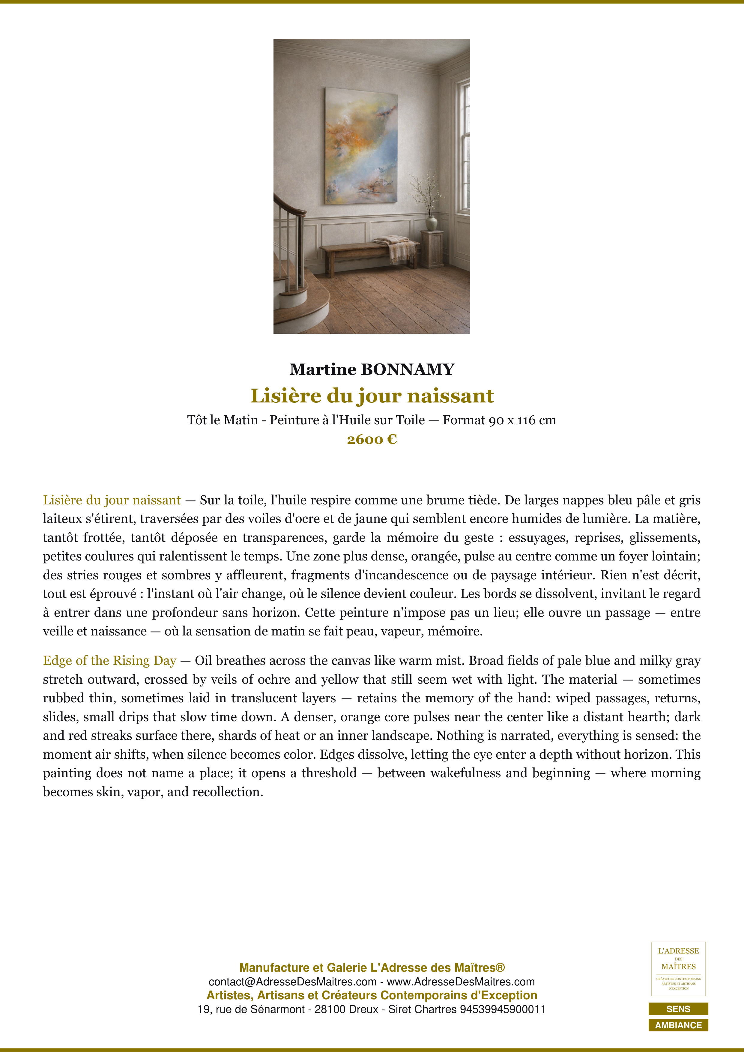 Fiche Premium Ambiance — Lisière du jour naissant — Martine BONNAMY — L'Adresse des Maîtres®