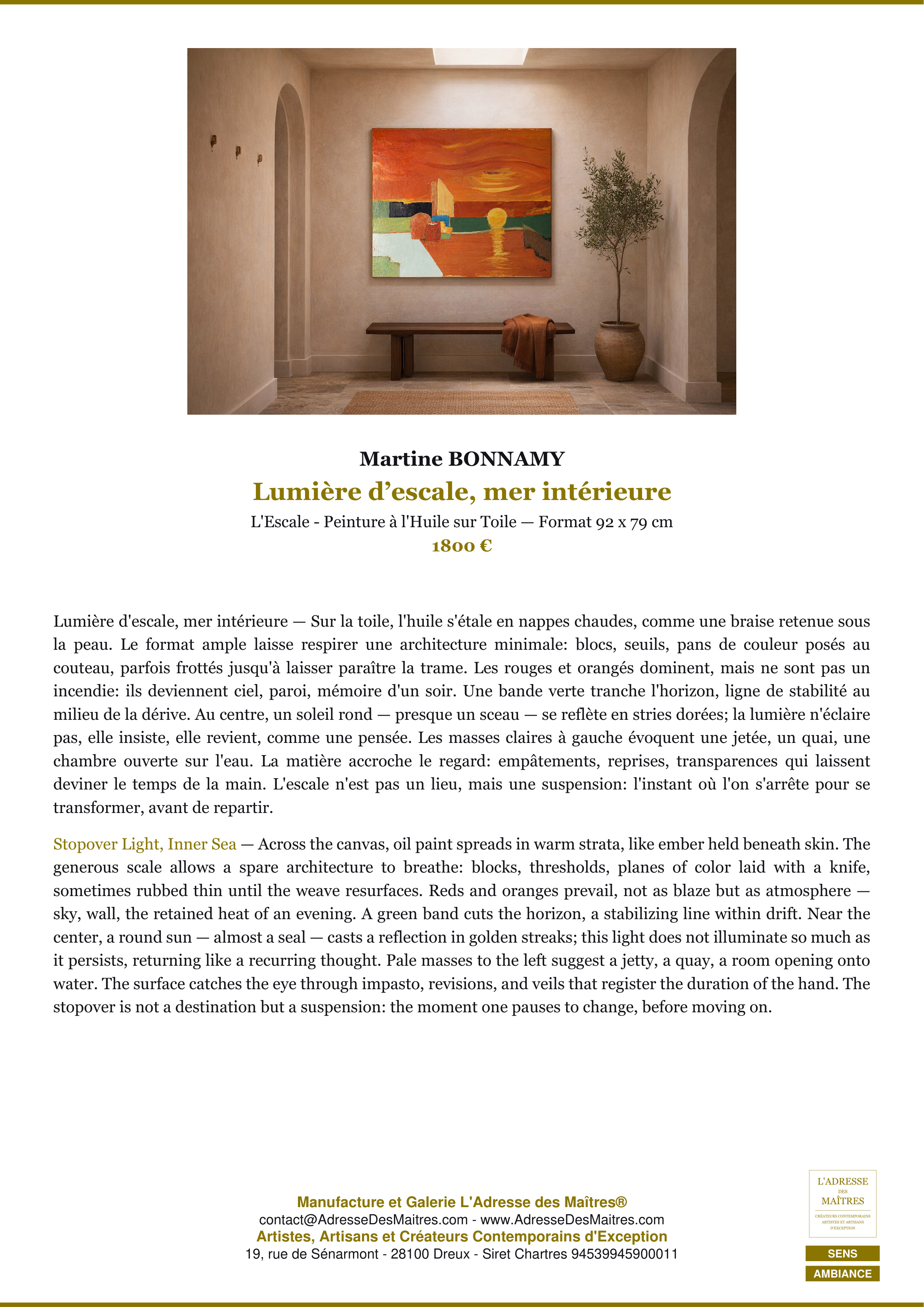 Fiche Premium Ambiance — Lumière d’escale, mer intérieure — Martine BONNAMY — L'Adresse des Maîtres®
