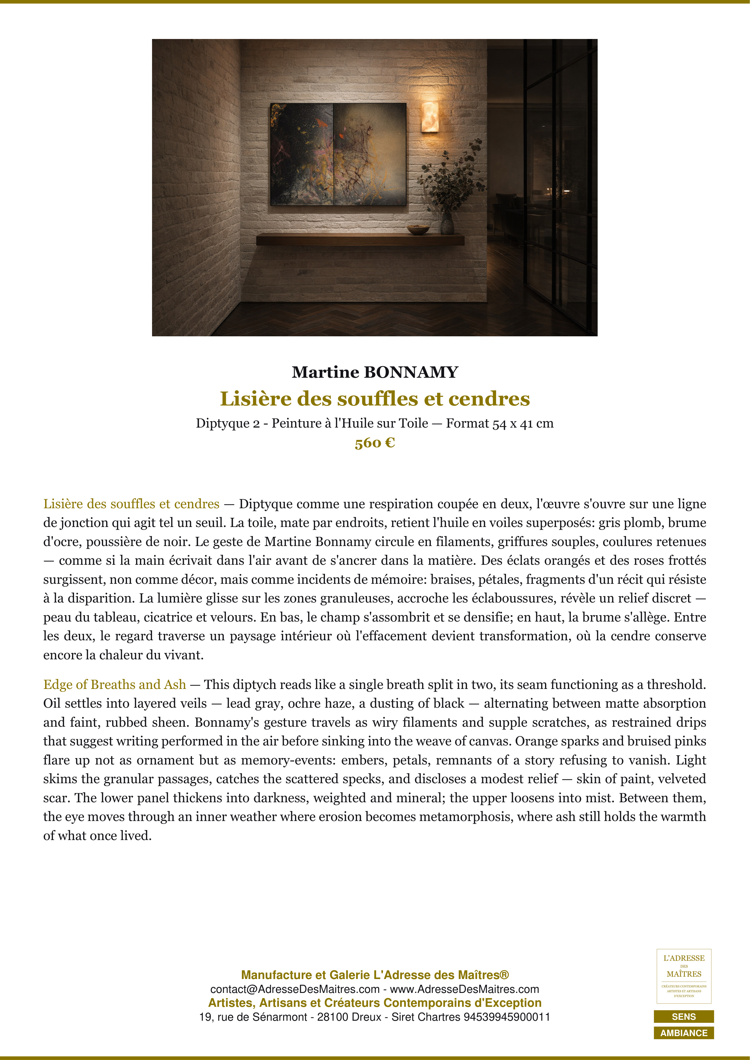 Fiche Premium Ambiance — Lisière des souffles et cendres — Martine BONNAMY — L'Adresse des Maîtres®