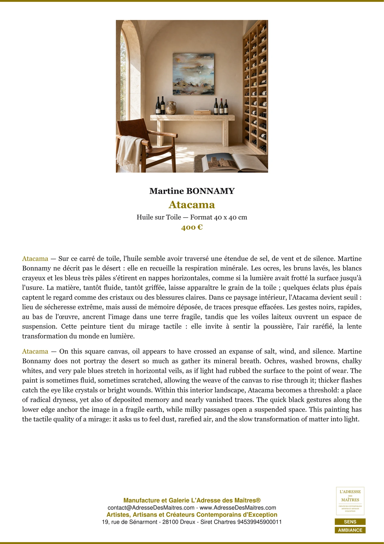 Fiche Premium Ambiance - Atacama - Martine BONNAMY - L'Adresse des Maîtres®