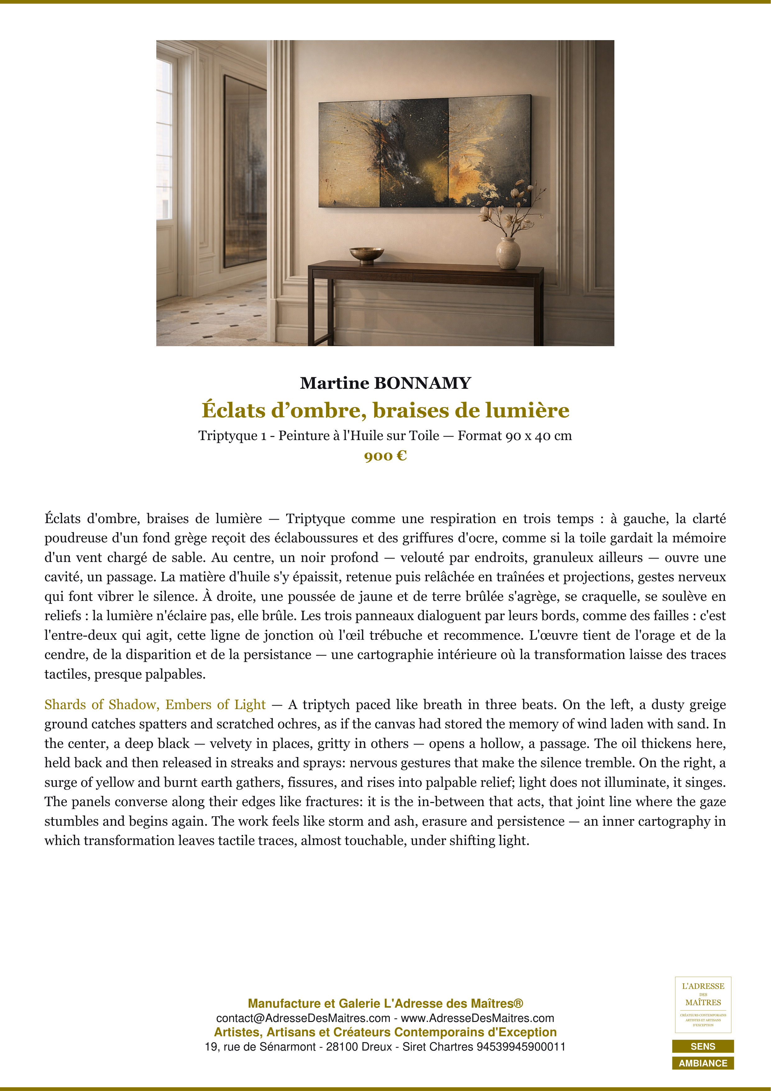 Fiche Premium Ambiance — Éclats d’ombre, braises de lumière — Martine BONNAMY — L'Adresse des Maîtres®