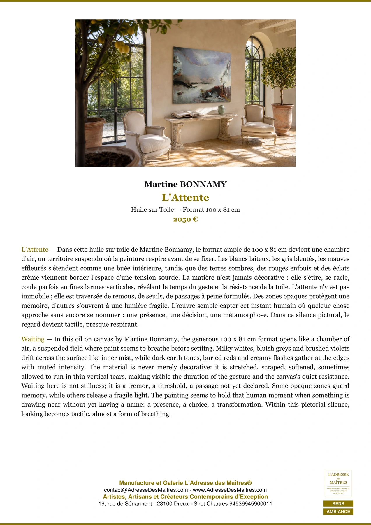 Fiche Premium Ambiance - L'Attente - Martine BONNAMY - L'Adresse des Maîtres®