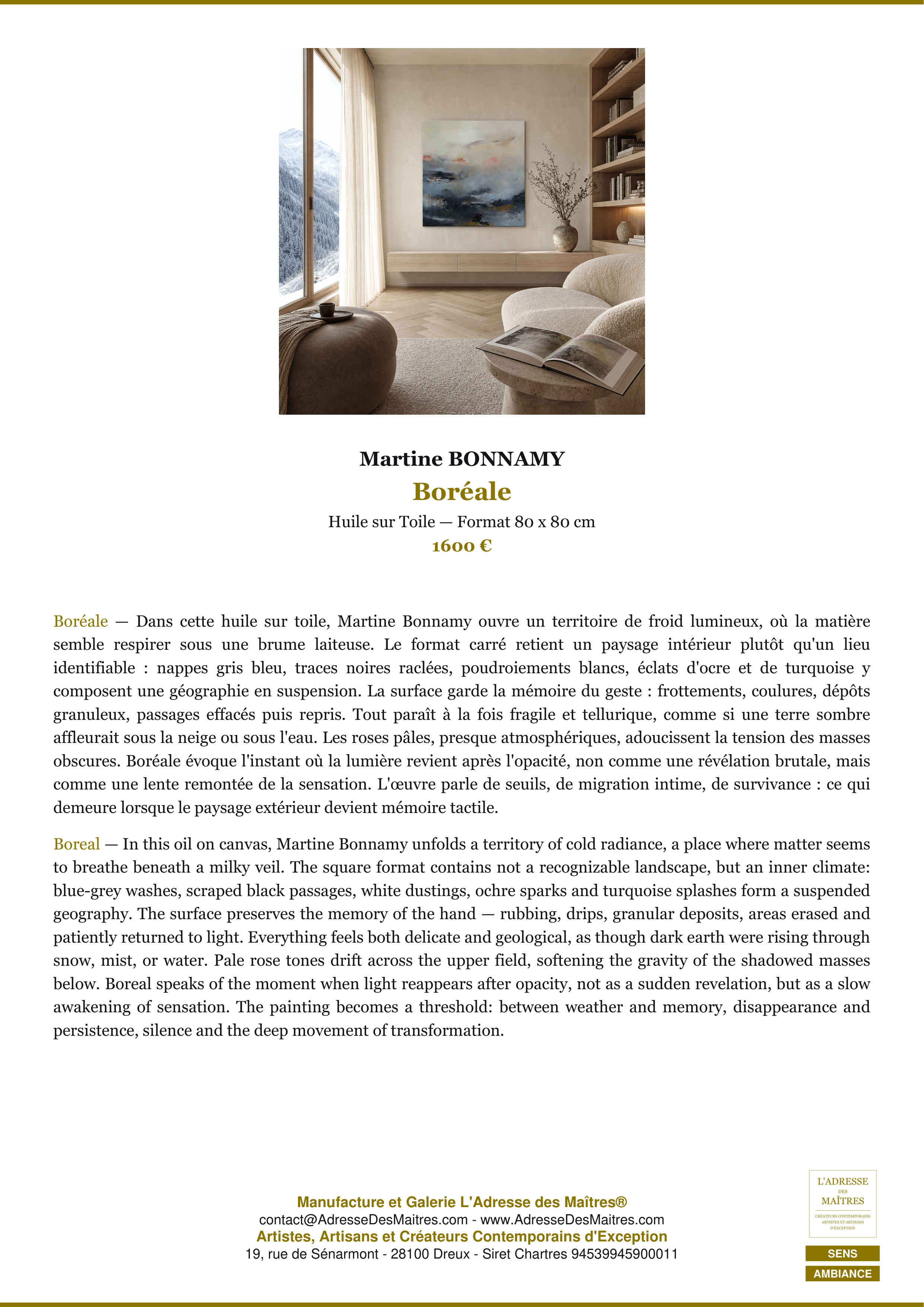 Fiche Premium Ambiance — Boréale — Martine BONNAMY — L'Adresse des Maîtres®