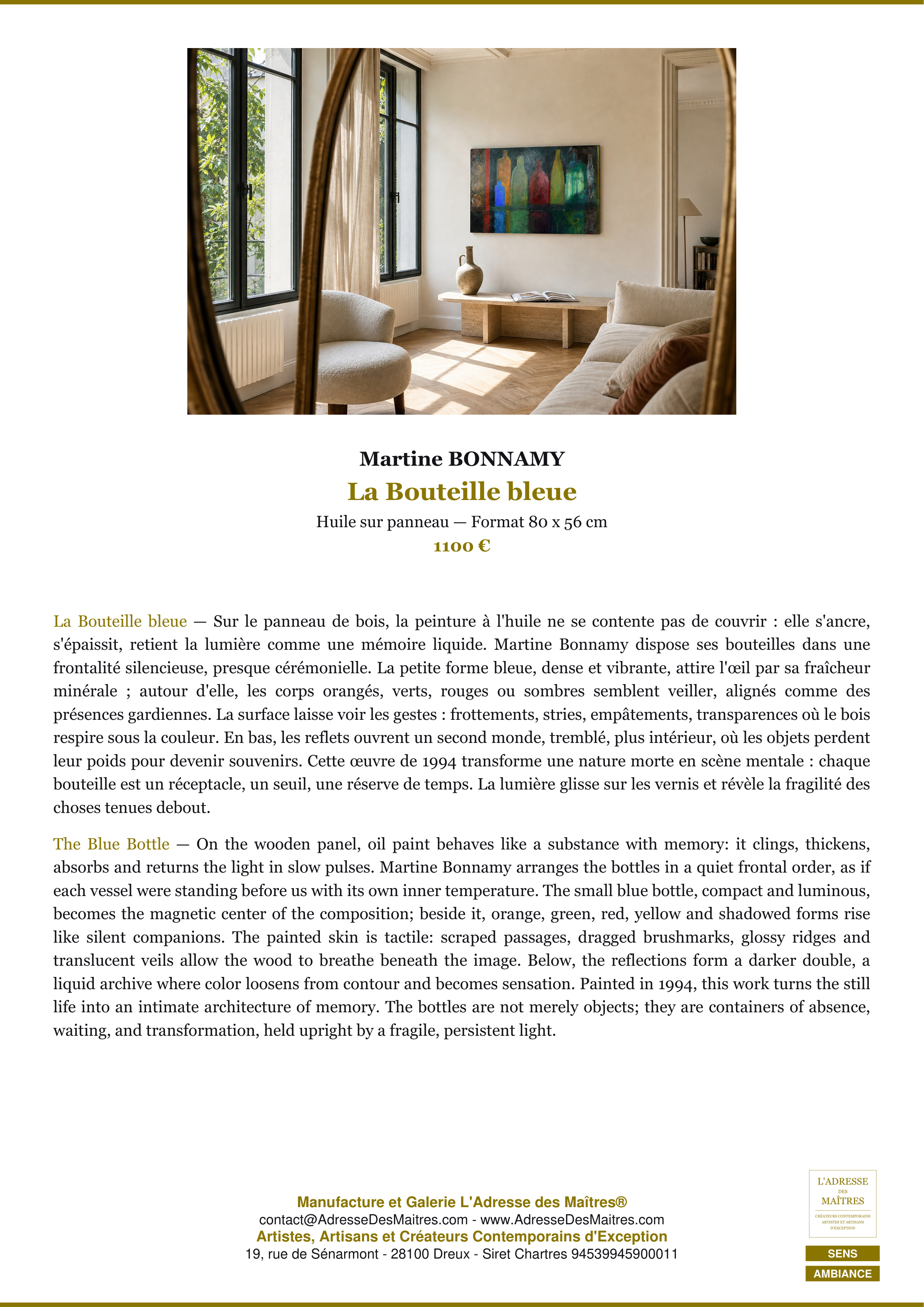 Fiche Premium Ambiance — La Bouteille bleue — Martine BONNAMY — L'Adresse des Maîtres®