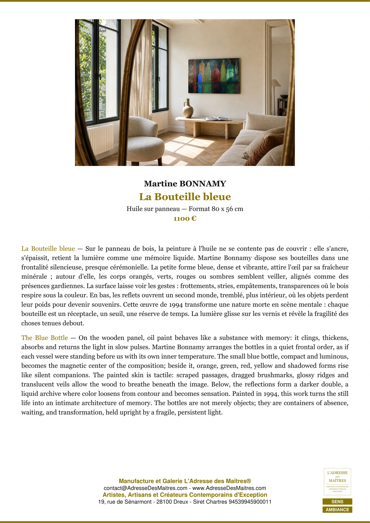 Fiche Premium Ambiance - La Bouteille bleue - Martine BONNAMY - L'Adresse des Maîtres®