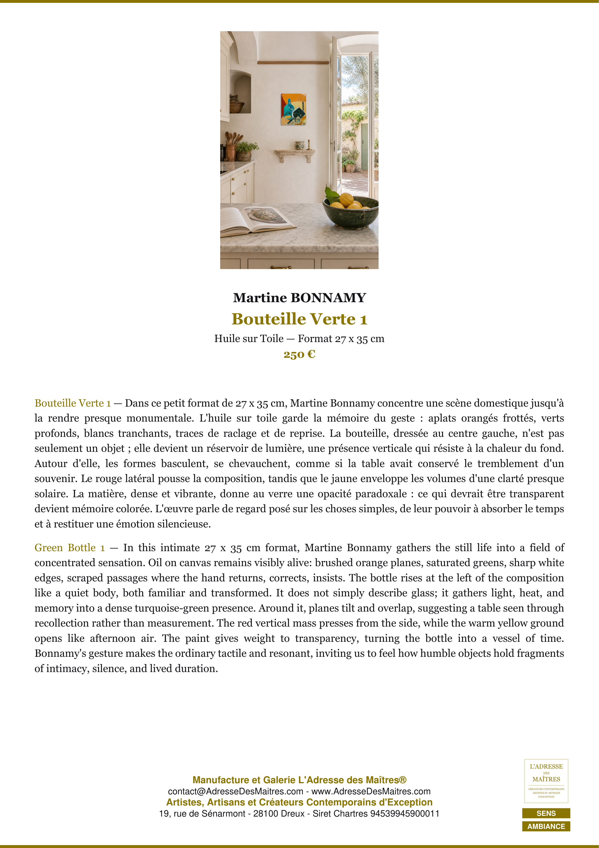 Fiche Premium Ambiance — Bouteille Verte 1 — Martine BONNAMY — L'Adresse des Maîtres®