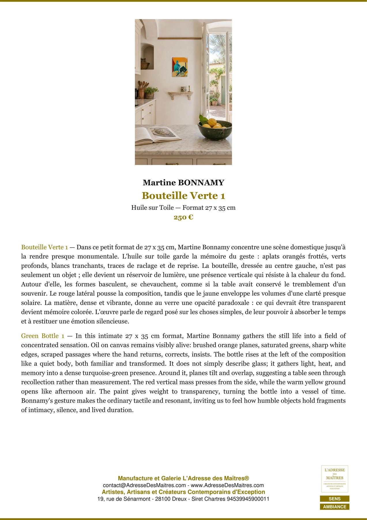 Fiche Premium Ambiance - Bouteille Verte 1 - Martine BONNAMY - L'Adresse des Maîtres®