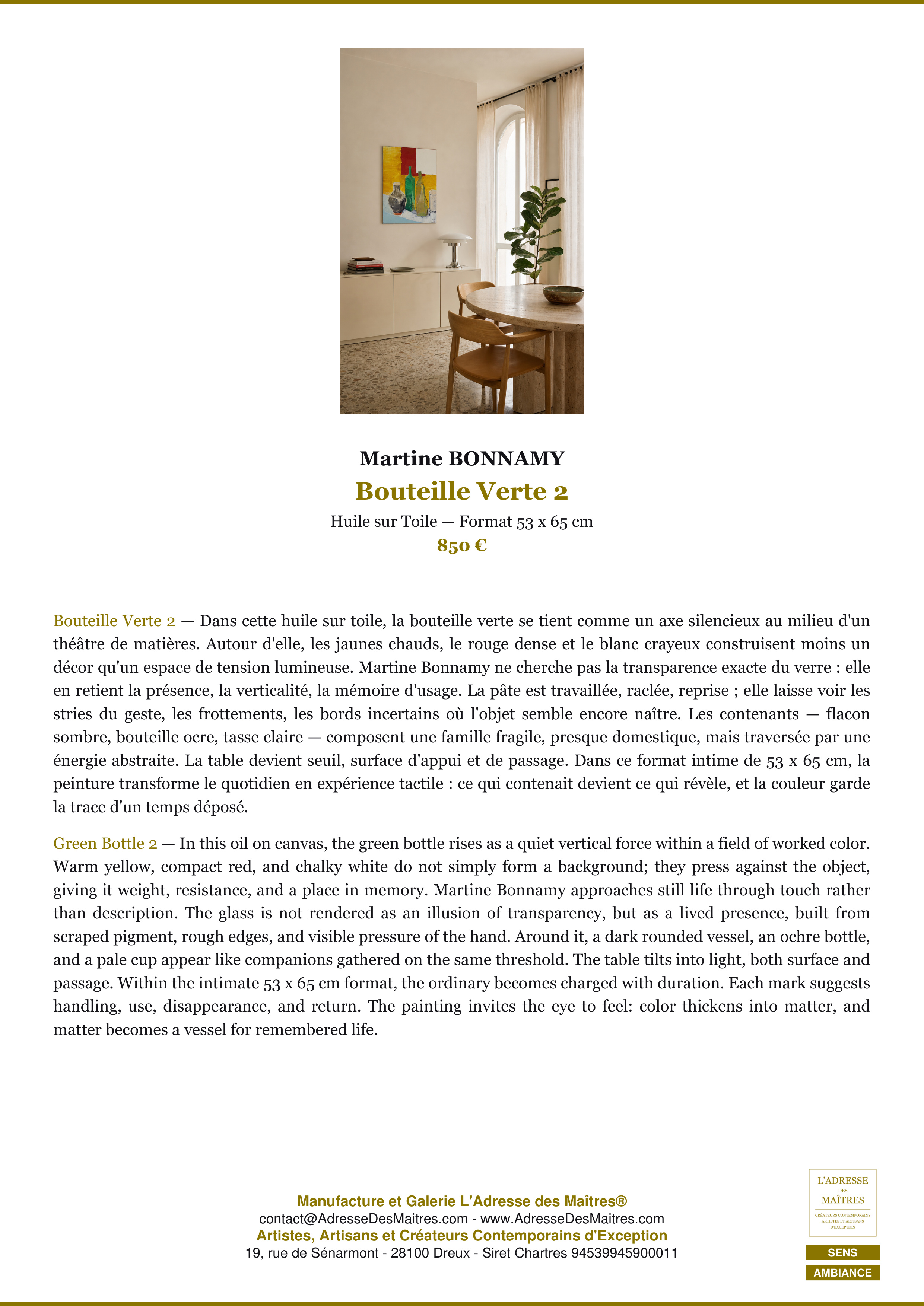Fiche Premium Ambiance — Bouteille Verte 2 — Martine BONNAMY — L'Adresse des Maîtres®