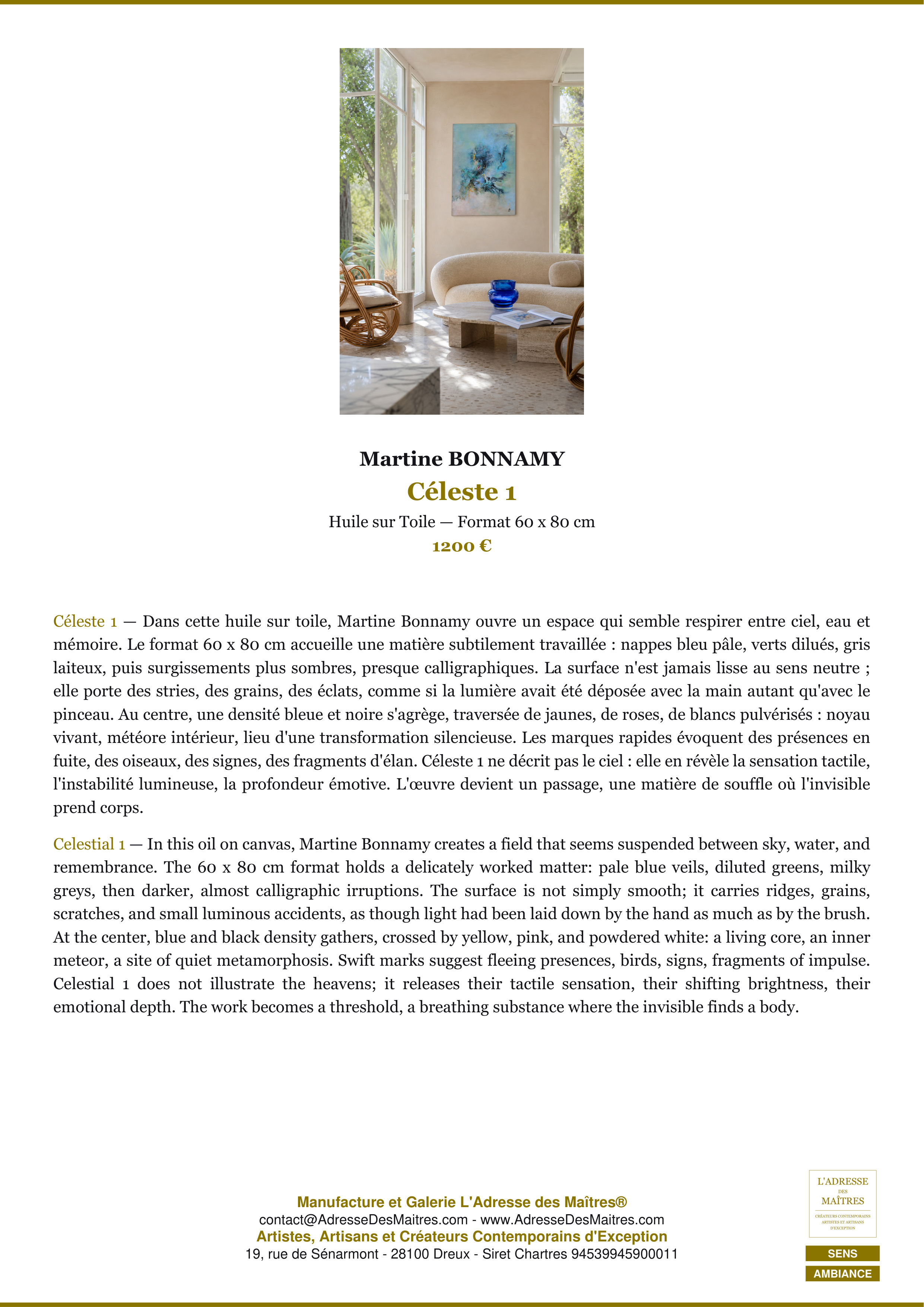 Fiche Premium Ambiance — Céleste 1 — Martine BONNAMY — L'Adresse des Maîtres®