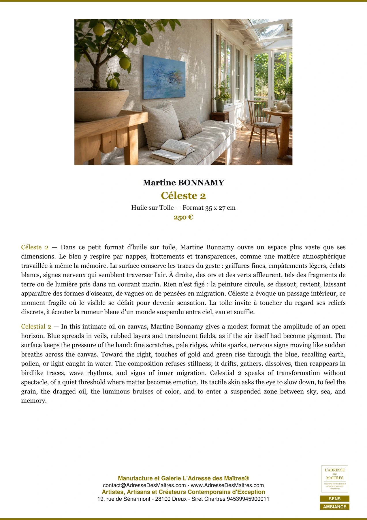 Fiche Premium Ambiance - Céleste 2 - Martine BONNAMY - L'Adresse des Maîtres®