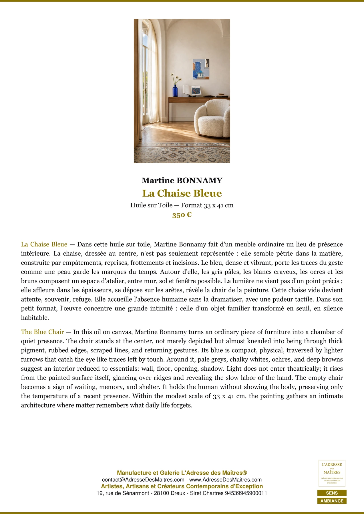 Fiche Premium Ambiance - La Chaise Bleue - Martine BONNAMY - L'Adresse des Maîtres®