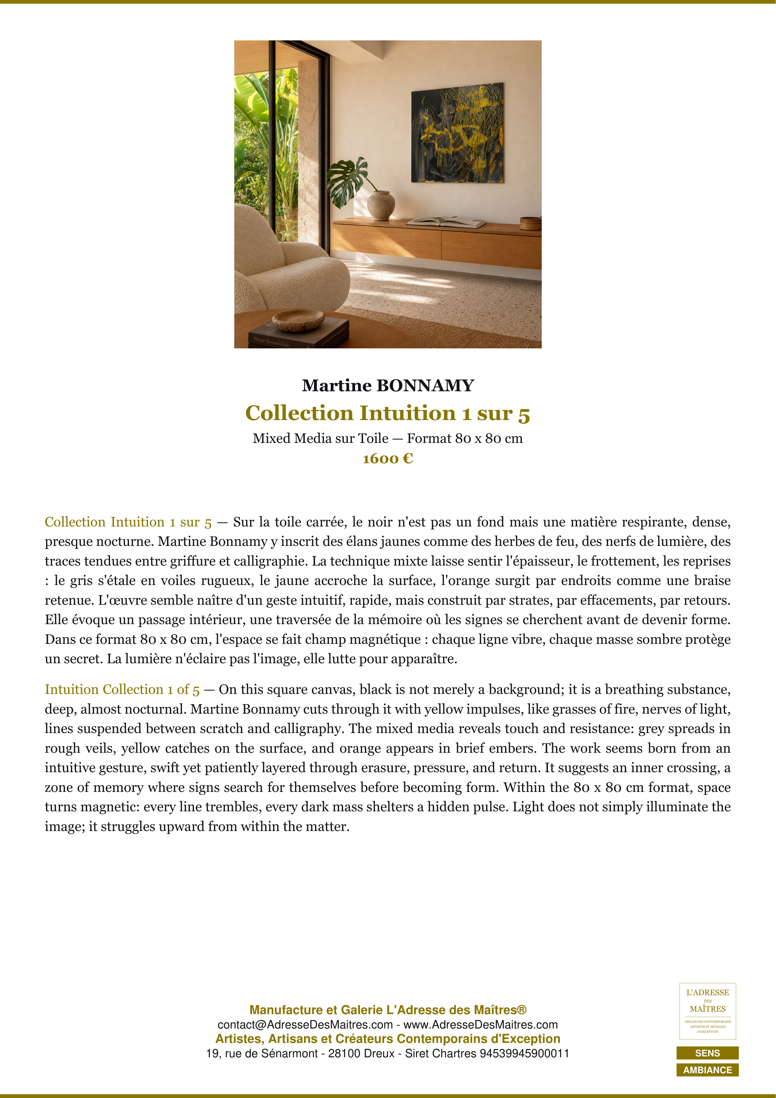 Fiche Premium Ambiance — Collection Intuition 1 sur 5 — Martine BONNAMY — L'Adresse des Maîtres®